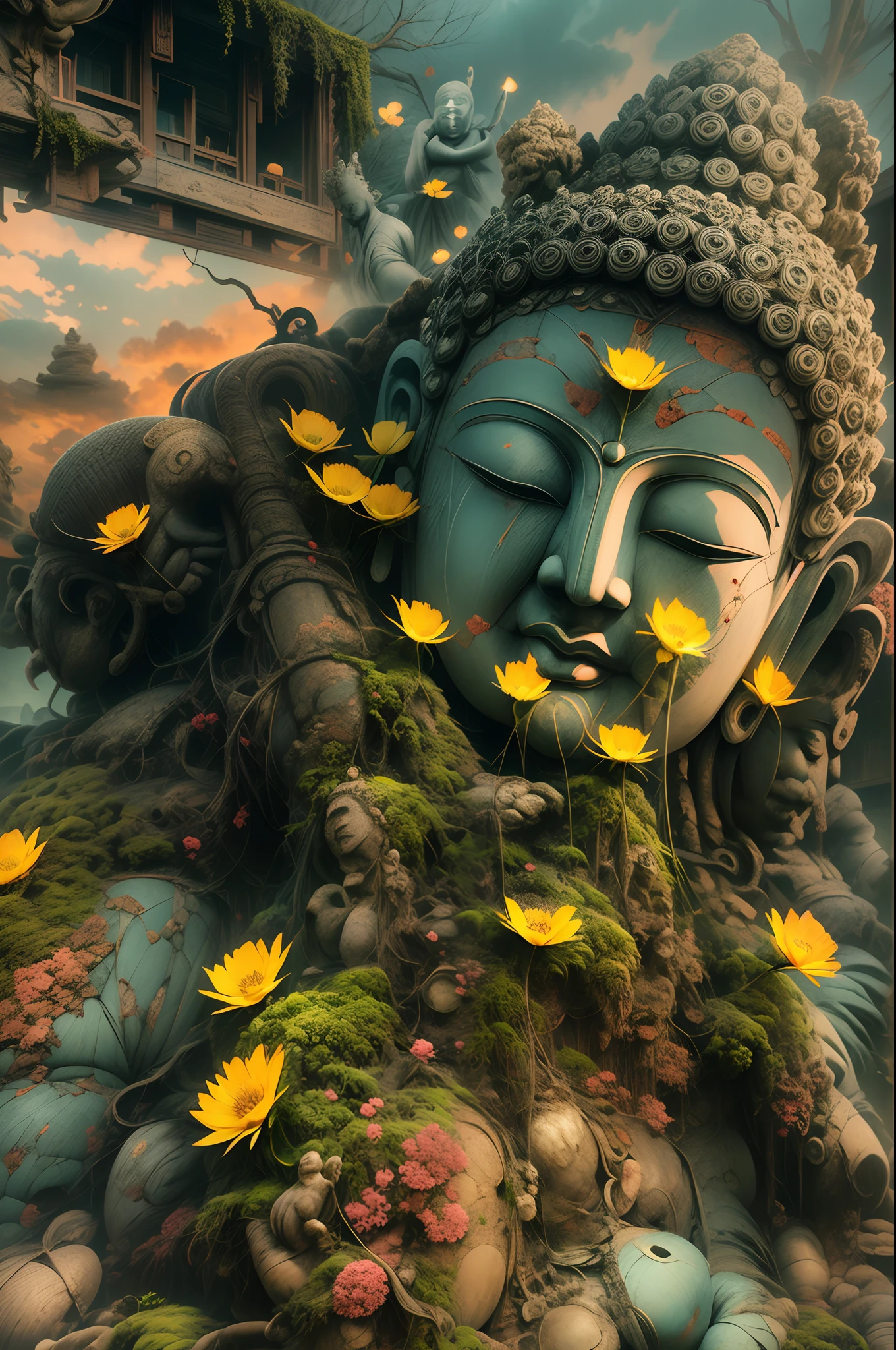 A Buddha statue,Made of granite,The Buddha statue has been baptized by wind and frost the year before,The surface becomes covered with cracks,Moss grows,One or two nameless yellow flowers will grow in the dilapidated cracks,It is very beautiful under the light of the sunset