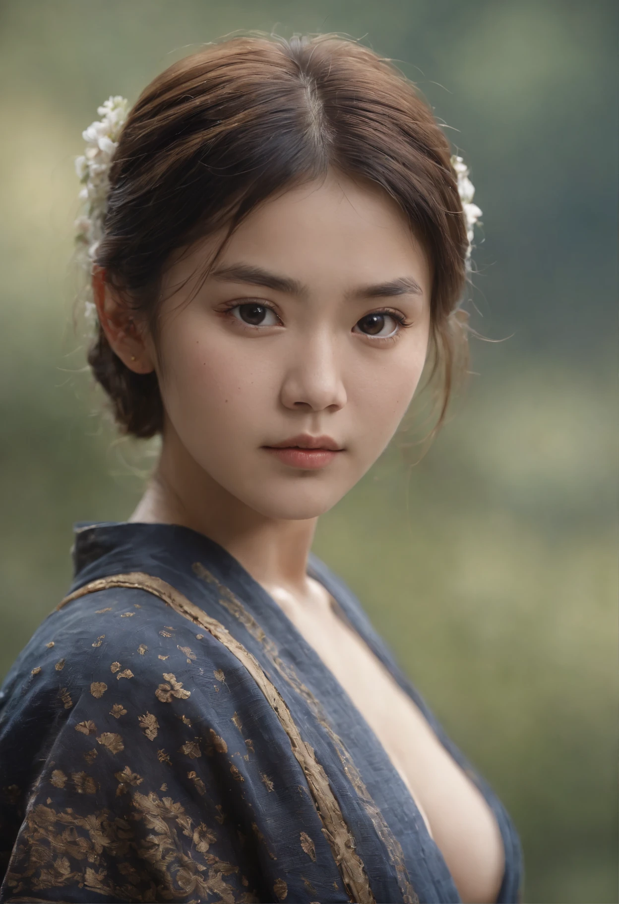 from below、Ainu people、drooing eyes、Short hairstyle、 fat girl、sulky face、undergarment、Upper Body Up、hitornfreckles、Beautiful person、up of face