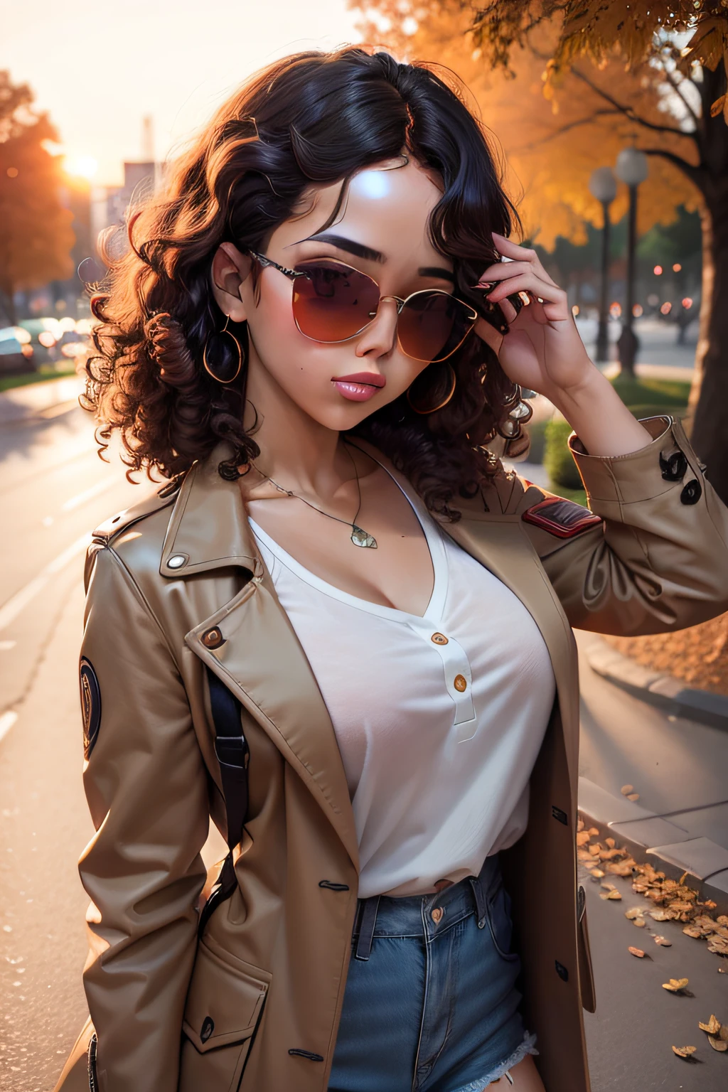 little busty girl, sunset, park trees background, curly hair, sunglasses, autumn