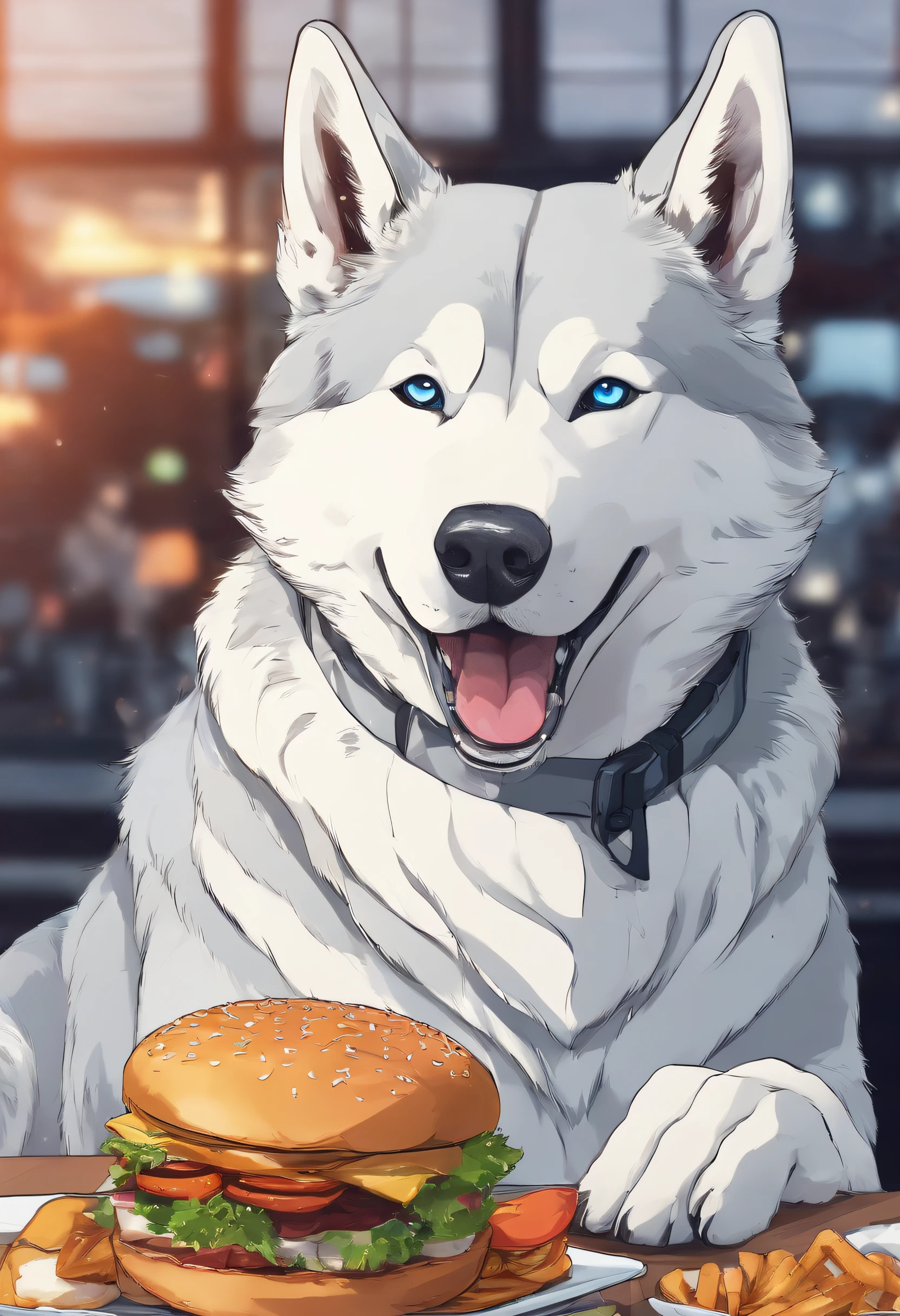 A professional photo, Yellow-white Akita Inu, Grinning, In the restaurant, Holding a large burger in both hands, Cinematic dramatic light, Smooth transition, Bokeh