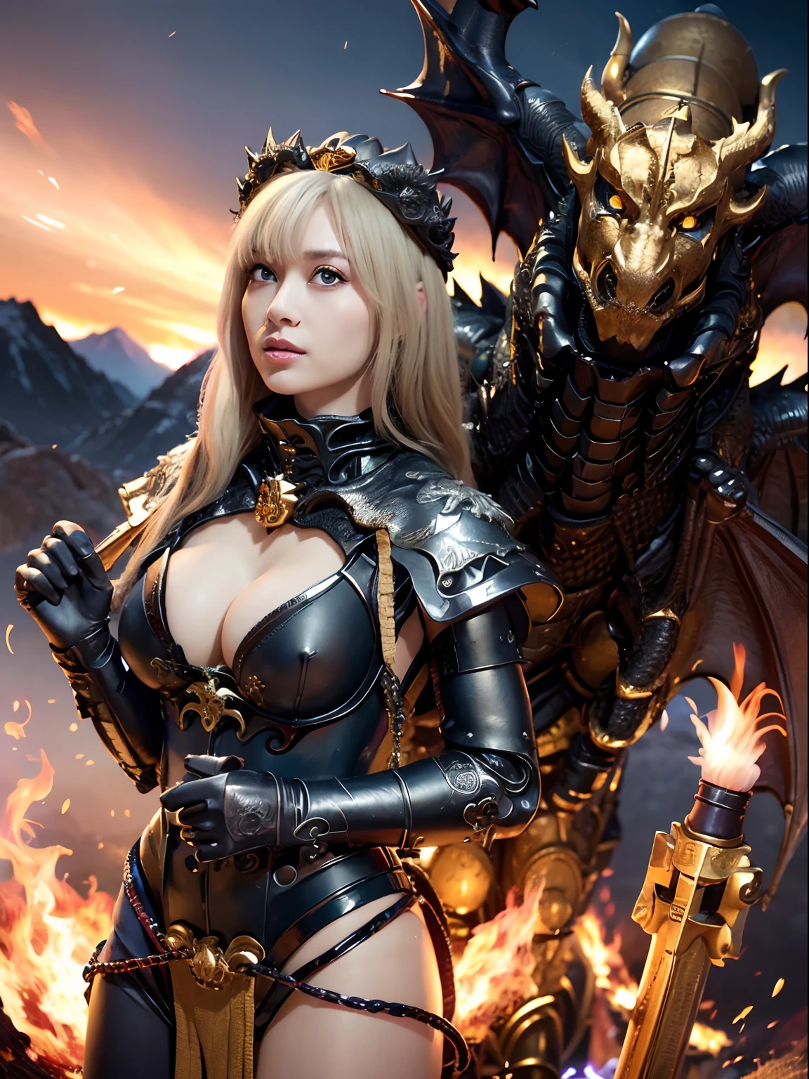 Professional , ​masterpiece、top-quality、photos realistic , depth of fields 、（Dragon Black Metal Body:1.９),(Matte Blue Black、(Night World)、（cleavage of the breast）、Dragon Gold Weapon、（Micro Bikini Armor:1.４),Gorgeous gold weapons ,（Fight dragons）、Seductive look、（（ Dragon's dense and gorgeous sword）） , （demonic wings）   ,Detail and gorgeous crown、（（a blond））、（Castle background）、（（Gangle's forest background））、Beautiful Caucasian beauty、１a person、dynamic ungle,(((Detailed and ornate dragon helmet)))、Smaller head、A smile、Castle background、Thin and beautiful female hands、cleavage of the breast、Soldier in iron armor on background、Mystical expression、Light Effects、intense fighting、Wind-effect、magic circles、With the legendary magic wand、Dragon's tail、