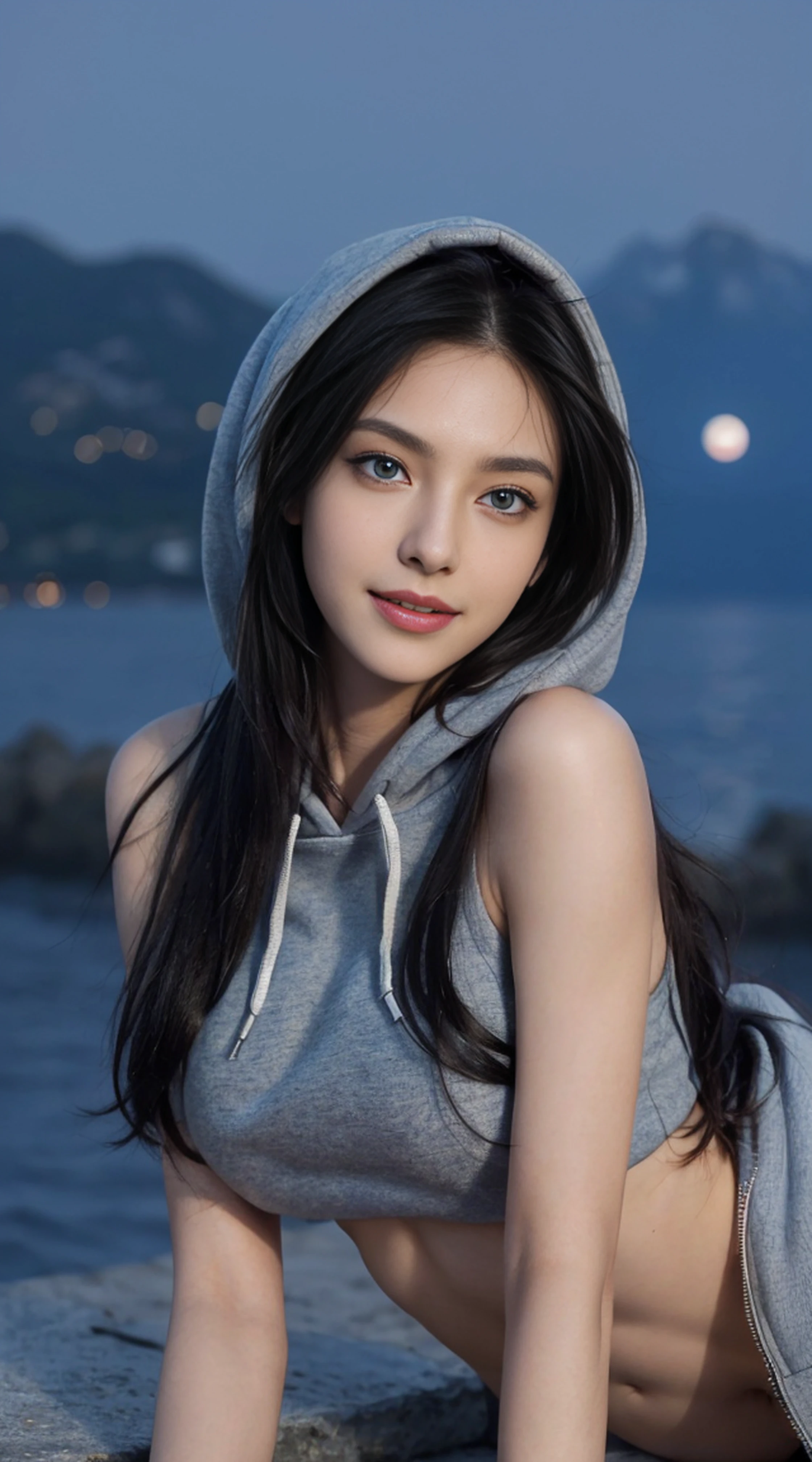 8K, Top Quality, Intricate Details, Ultra Detail, Ultra High Resolution, Masterpiece, random angle, Slender, Smile, (Makeup: 0.4), (Fluffy Blue Eyes: 1.21), blue Eyes, looking at viewer, ((full body)), 1girl, solo, 1 girl, (( full body)), close up shot, , ((tall)), (((fit body))), (((slim face))), sharp face, sharp eyes, (((black hair, long hair, )) (detailed face), sharp face, small lips,
((Hoodie, underboobs)), detailed face, detailed breast, , large breast, detail ass, , Beautiful girl with accentuated slender abs: 1.4, Six Pack Abs: 1.4, Bust Botox, Big, Perfect Body, detail leg, (( moonlight)), top of mountain