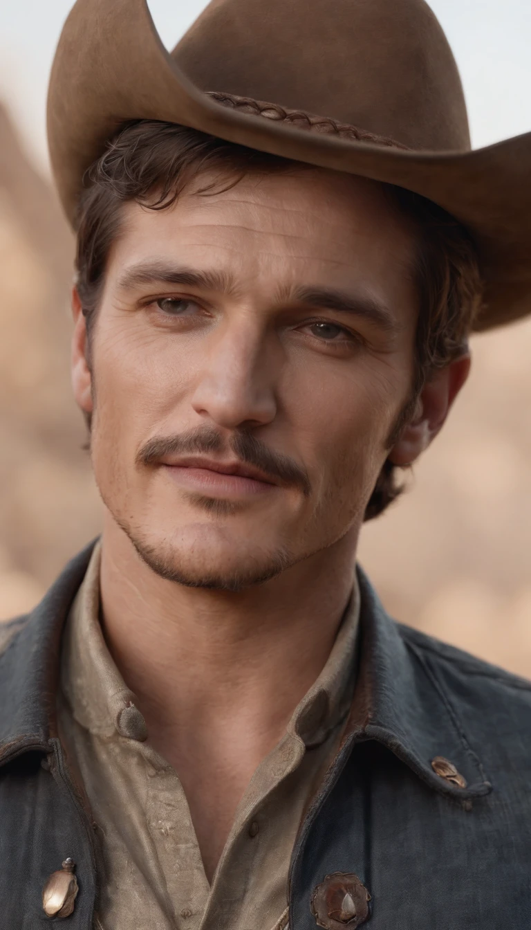 Make a photorealistic portrait of Pedro pascal wearing a western style cowboy interior , white background, medium close up shot, style of ultrafine detail, high quality photo, 105 mm f/1.2, 24mm,4k textures, soft cinematic light, highly detailed, sharp focus, hyperdetailed, low contrast, dim colors, exposure blend,(dusty:1.3),volumetric lighting, full body character art, brown eyes