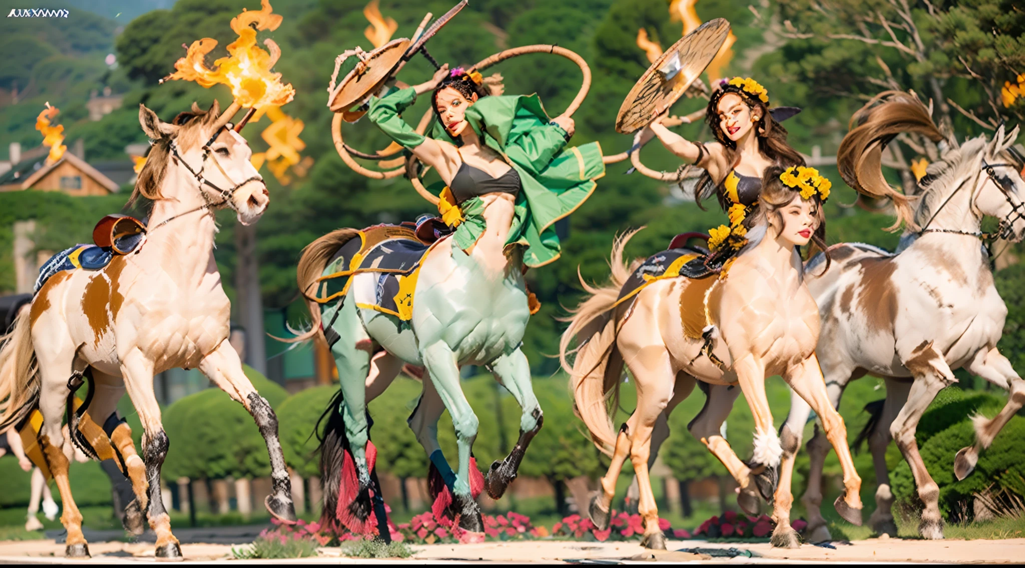 In the beautiful illustration of this super-grand scene,The ultra-distant shot shows eight unique centaur characters,They all have their own characteristics,Vivid and interesting。Radiant angelic centaurs from the heavenly realm,To the hellish centaurs surrounded by nightmarish flames,And then to the Wind Immortal Centaur dancing in the air,There are also one-horned centaurs surrounded by thunder and lightning,and mechanical centaurs that shine with metallic light,And then to the powerful dragon centaur with colored dragon scales covering the whole body,The elegant and agile elf centaur always wears a flower crown with its slender and graceful lines,Enchanting and charming Tiflin centaurs。Each character has their own unique charms and abilities。The illustration uses advanced artistic techniques and tools,Divide the scene into sections by geometric arrangement,Each section corresponds to a centaur character,This makes more efficient use of space。Through Midjourney's advanced brush tools、Color palette、Material packs and model packs,Exquisite costumes and equipment are designed for each centaur,Enhances the character's personality and visual appeal。The scenery in the illustrations is stunning,There are changing skies、rainbowing、extreme light、Stars and Moon。Incorporating iconic landmarks such as Mount Everest,and fireworks、tranquil lake、Natural and urban elements of waves and neon lights,Creates a magical atmosphere。The centaurs showed off their skills and equipment in a variety of environments,This is true even in extreme alien landscapes。Midjourney's tools make depicting details vivid and realistic,From intricate hairstyles and clothing to authentic textures,Enhances the realism of the characters and surroundings。The fusion of multiple art styles adds movement to the centaur's movement at all angles,The overall visual experience is further enriched。The final illustration was described as a "masterpiece",It has the characteristics of "best quality" and "realistic",The d