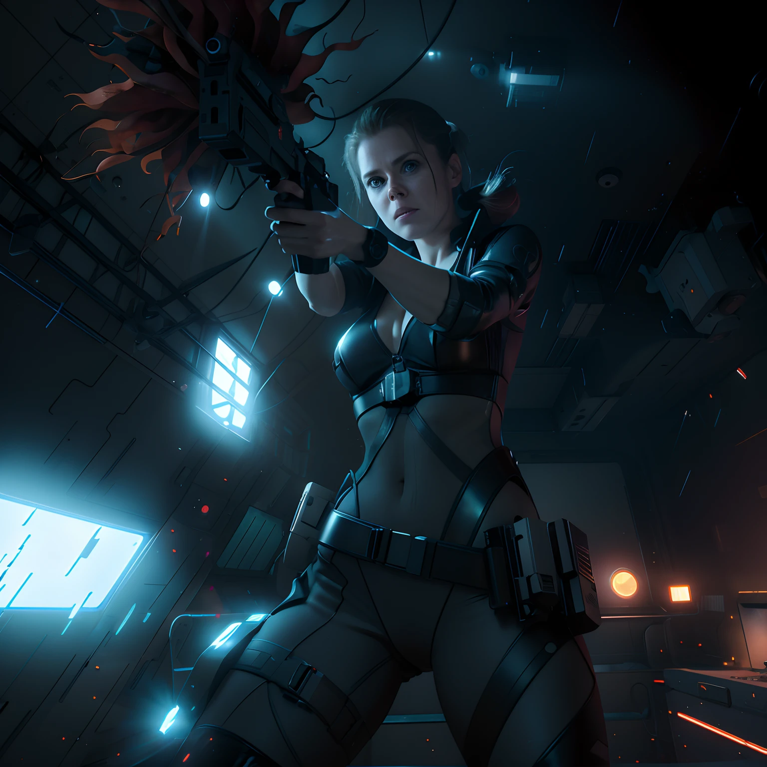 Hot terrified Sci fi Amy Adams with slick hair with pony tail holding a sci fi pistol on Ishimura Horror Space Ship photography, natural light, photorealism, cinematic rendering, ray tracing, the highest quality, the highest detail, Cinematic, Third-Person View, Blur Effect, Long Exposure, 8K, Ultra-HD, Natural Lighting, Moody Lighting, Cinematic Lighting
