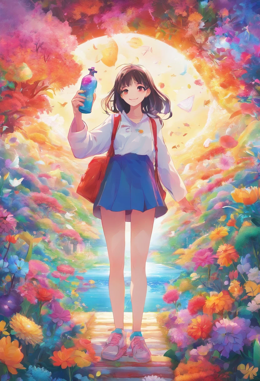 Girl standing with radiant smile, Holding a bottle of magic paint in hand. Surrounded by magical and colorful environments, With colorful flowers, Brilliant wood々and a sky full of rainbows. 4K resolution