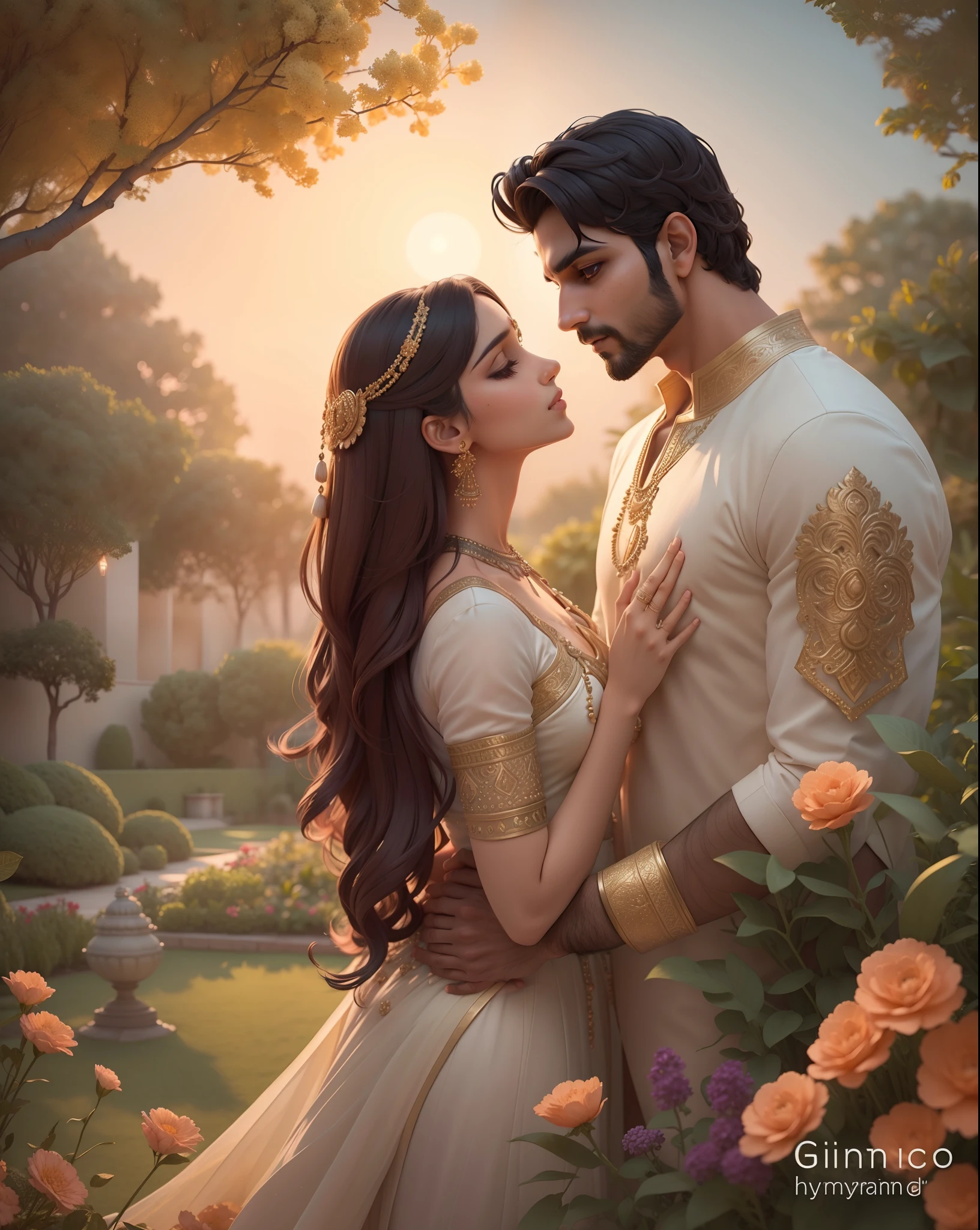 a Beautiful Indian couple of handsome men and beautiful women, romantic pose, in big moon night, dinner in garden, soothing tones, muted colors, high contrast, (natural skin texture, hyperrealism, soft light, sharp, full body), Beautiful background,simple background,