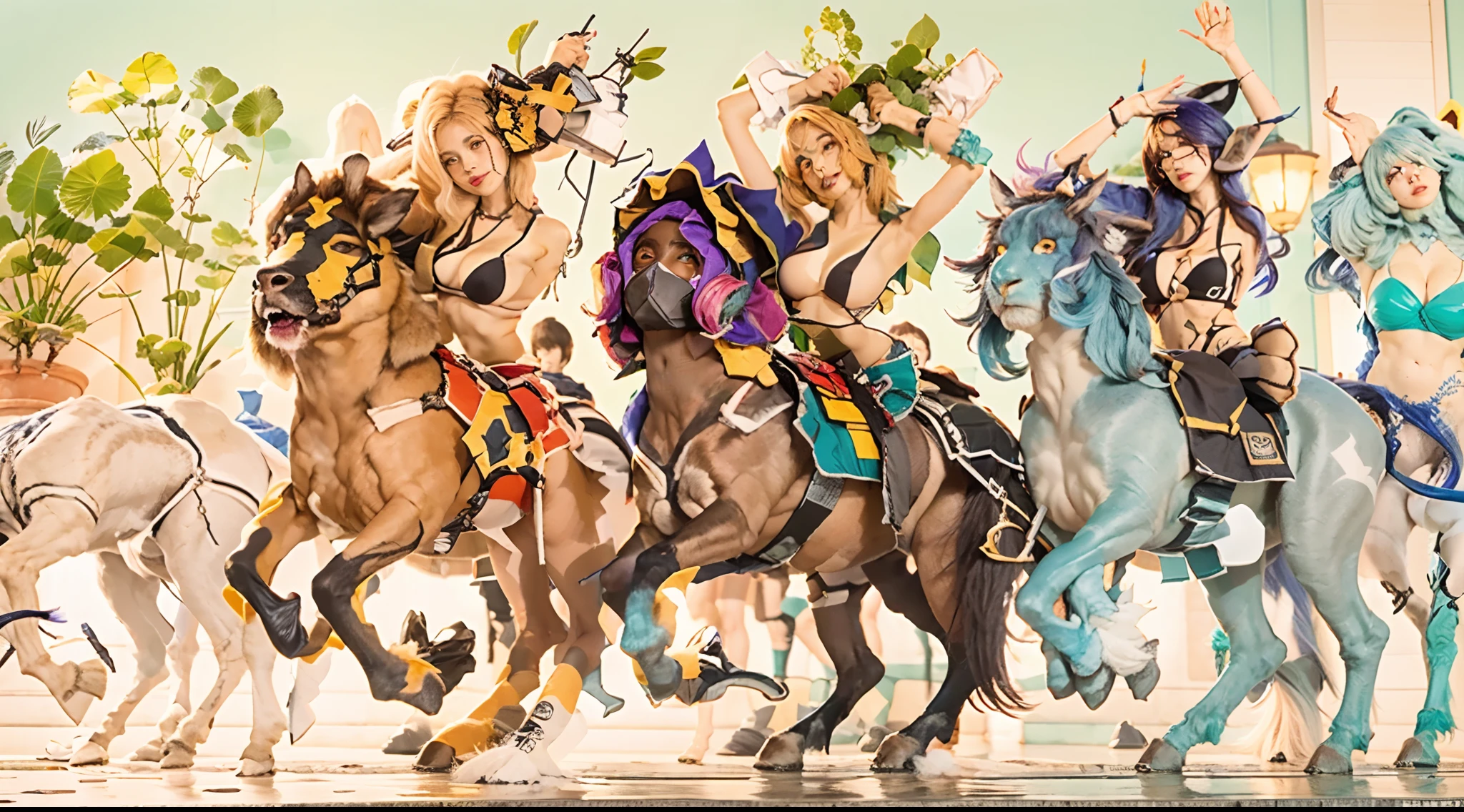 In the beautiful illustration of this super-grand scene,The ultra-distant lens shows us(Over eight separate and distinctive centaur characters:9.9),They all have their own characteristics,Vivid and interesting。Radiant from the heavens(Angelic centaurs:6.6),To nightmarish is(Centaurs surrounded by flames:6.6)、And then to the wind dancing in the air(Fairy centaurs:6.6)、And thunder and lightning surrounding(One-horned centaur:6.6),and shining metallic ones(Mechanical style centaur:6.6)、And then(A centaur with colorful dragon scales covering the whole body:6.6)The power is powerful、Elegant and agile(Elf centaur's slenderness:6.6)Gracefully wears a flower crown、Enchanting and charming(Tiflin centaurs:6.6)、Have the indescribable(Raised sexy:6.6)'s(Succubus centaurs:6.6)。Each character has their own unique charms and abilities。The illustration uses advanced artistic techniques and tools,(Divide the scene into sections by geometric arrangement:9.9),Each section corresponds to a centaur character,This makes more efficient use of space。Through Midjourney's advanced brush tools、Color palette、Material packs and model packs、Texture tools,For each centaur, beautiful props are designed to increase racial characteristics、Clothing and physical features,(Enhances the character's personality and visual appeal:2.5),The scenery in the illustrations is stunning,There are changing skies、rainbowing、extreme light、Stars and Moon。Incorporating iconic landmarks such as Mount Everest,and fireworks、tranquil lake、Natural and urban elements of waves and neon lights,Creates a magical atmosphere,The centaurs display their unique abilities and equipment in a variety of environments,This is true even in extreme alien landscapes。(Use Midjourney's tools、Material packs、Texture tools、The color palette makes depicting details vivid and realistic:9.9),From complex hairstyles and as well as different racial traits、Body、Appearance features、Clothing to real textures,This greatly enhances the realism of the cha