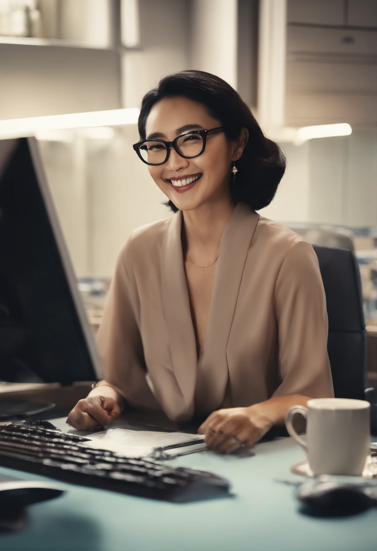 titles「Ms. Murakami」Movie Noposter、Dark-skinned Japan Man、wearing black glasses、A dark-haired、Sitting in front of computer and laughing、A smile that looks good personality、Happy atmosphere