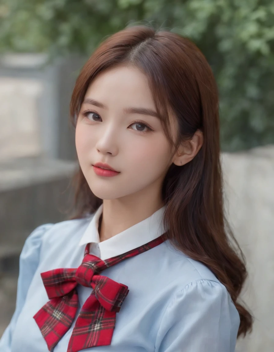 8K、Raw photography、top-quality、masterpiece: 1.2),glamor,Chromo-white skin,cocky,School,watching at viewers,Looking at the front,High-pitched clothing,,JK school uniform,hi-school girl,A Japanese Lady,is standing,(Photorealsitic:1.3),Photon mapping,Realistic、Beautie,Cute little face,Brown-eyed,(Red bow tie),Radio City,Physically Based Rendering,depth of fields,Blurry background、a picture,Body,beauty legs, Long legs, Thin leg,(Bangs are visible), hair, s lips, (Light blue shirt), (Navy and blue and white plaid pleated skirt), Japanese ido, medium shot