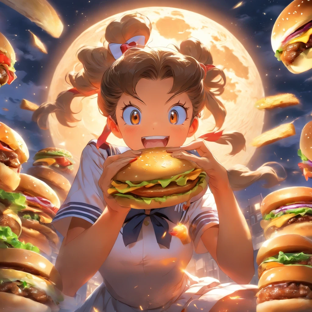comics. A big full moon in the background. A girl in a Japanese school sailor uniform, chomping on a cheeseburger, chignon.