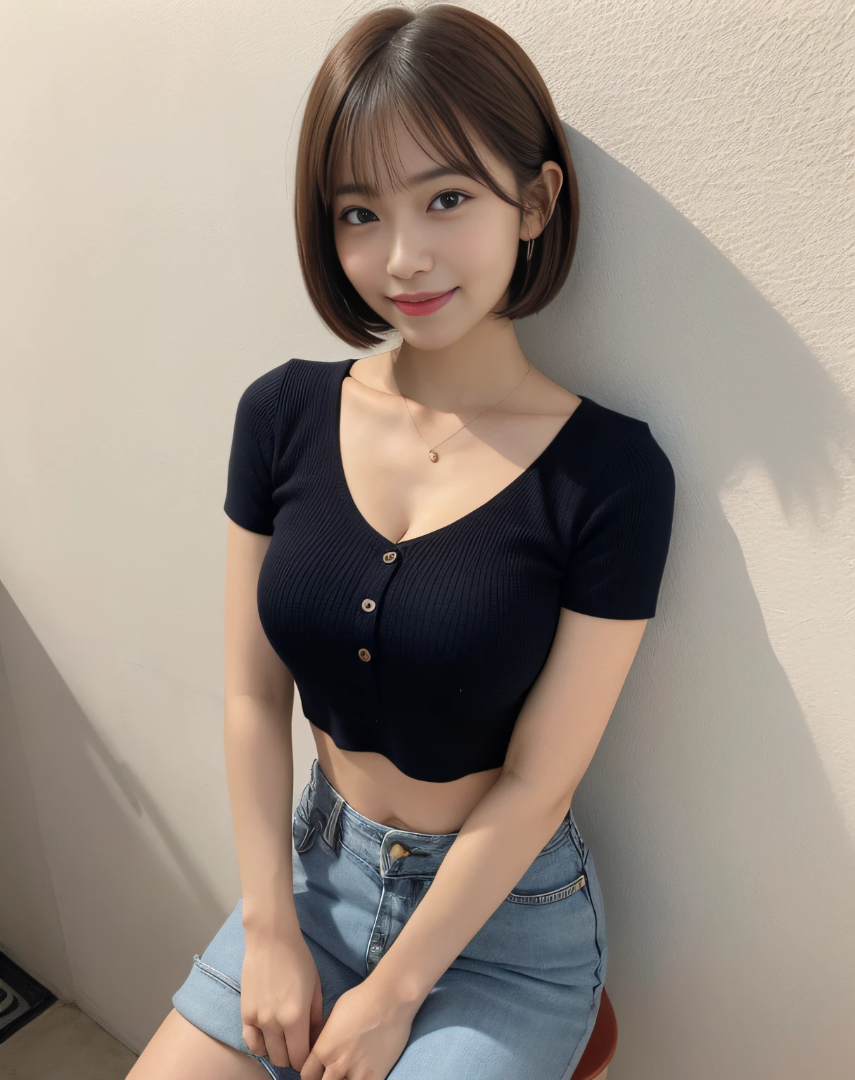 Tabletop, highest quality, Photorealistic, In detail, High resolution, 8k wallpaper, Perfect dynamic composition,Perfect Anatomy,A woman with a perfect body, Beautiful fine details, short hair, Small breasts,, Secretary style mini skirt,Laughter, Cityscape, 22 years old, drooping eyes, Adult Beauty, {{Point your butt towards me to emphasize it}}
