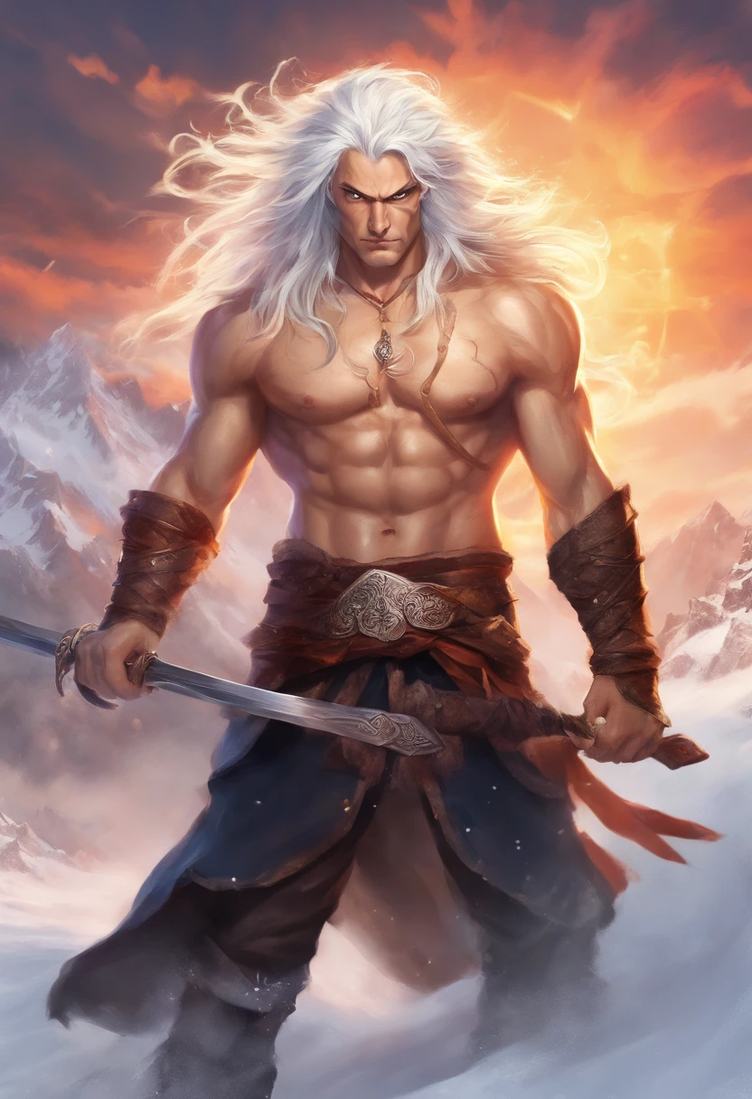 Man, muscular, long white hair, angry, his hand is a sword, high quality, masterpiece, war fur outfit, Persian warrior, nervous, surrounded by fire, snowing, sun, beautiful light refraction, powerful man, on top of the mountain, Very muscular body