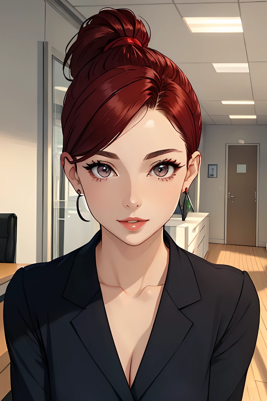 (masterpiece, best quality:1.2),detailed face, detailed eyes, ponytail, short hair,office hair style, elegant woman, office, indoors, full body,red face,