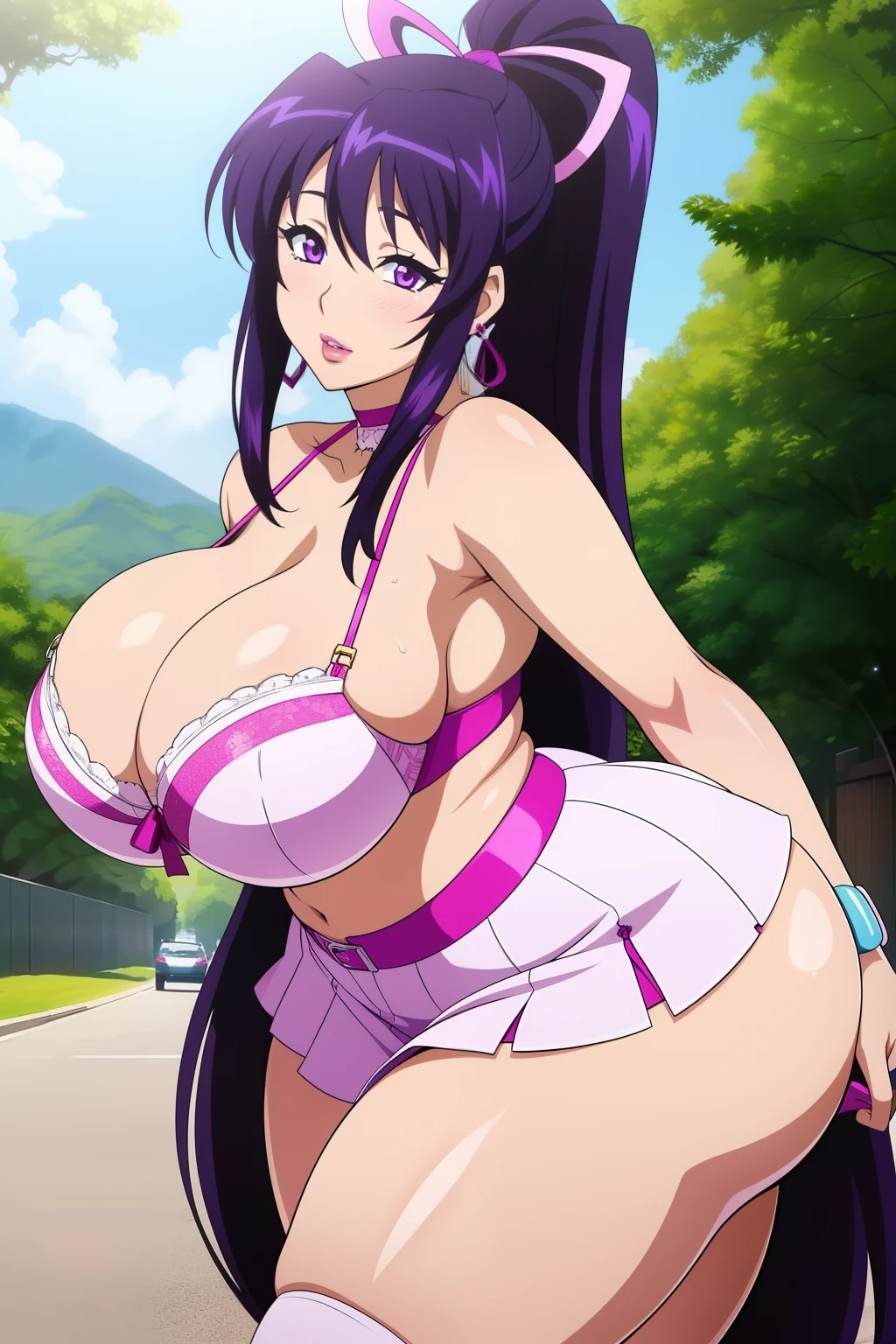 Akeno Himejima, 1girl, (((bimbo))), purple hair, purple eyes, ear rings, (((bimbo))), puffy lips, painted lips, thick lips, pleasure face, wide hips, thick thighs, huge round ass, huge natural Hitomi Tanaka breasts, skirt, white panties, bra, close up breasts, zoom in breasts