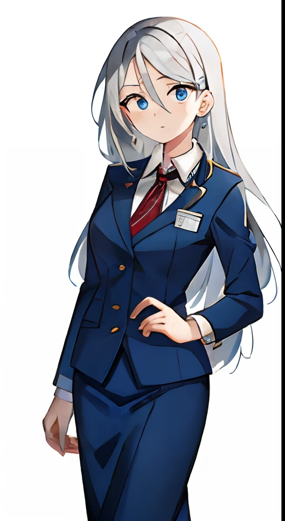 Masterpiece,Best quality,1 mature woman,30 age old,Silvery hair,eBlue eyes,Blue and white striped flight attendant suit,long straight hair,
White background,fully body photo