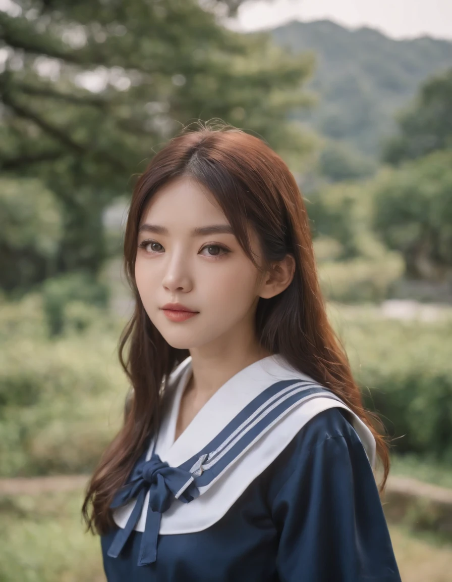 best quality, 1girl, long hair, beautiful eyes, ((japanese school shirt)), a sailor suit、Dark blue pleated skirt,sailor collar, neckerchief, short sleeves, white skirt, close-up, standing, outdoors, medium shot, high quality photo,Japanese ido