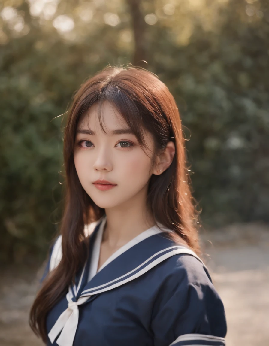 best quality, 1girl, long hair, beautiful eyes, ((japanese school shirt)), a sailor suit、Dark blue pleated skirt,sailor collar, neckerchief, short sleeves, white skirt, close-up, standing, outdoors, medium shot, high quality photo,Japanese ido