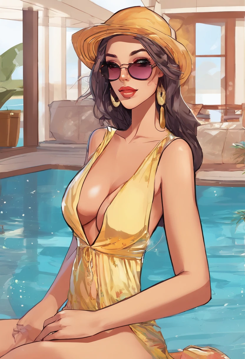 (Best quality, 4K, Masterpiece :1.3), beautiful woman, hyper realistic, 1fille, (seins tombants, Corps attrayant :1.2), redressements assis :1.1, cheveux roux courts: 1.1, (pluie humide, Humide par la pluie, WET BODY :1.2), Ultra-detailed face, detailed lips, detailled eyes, double eyelidwork, sensual low-collar dress, open neckline, seins suspendus, side pose, Courbes visibles, Pool party, Piscine, silver transparent mantle,lunettes de soleil, muscular turned leg