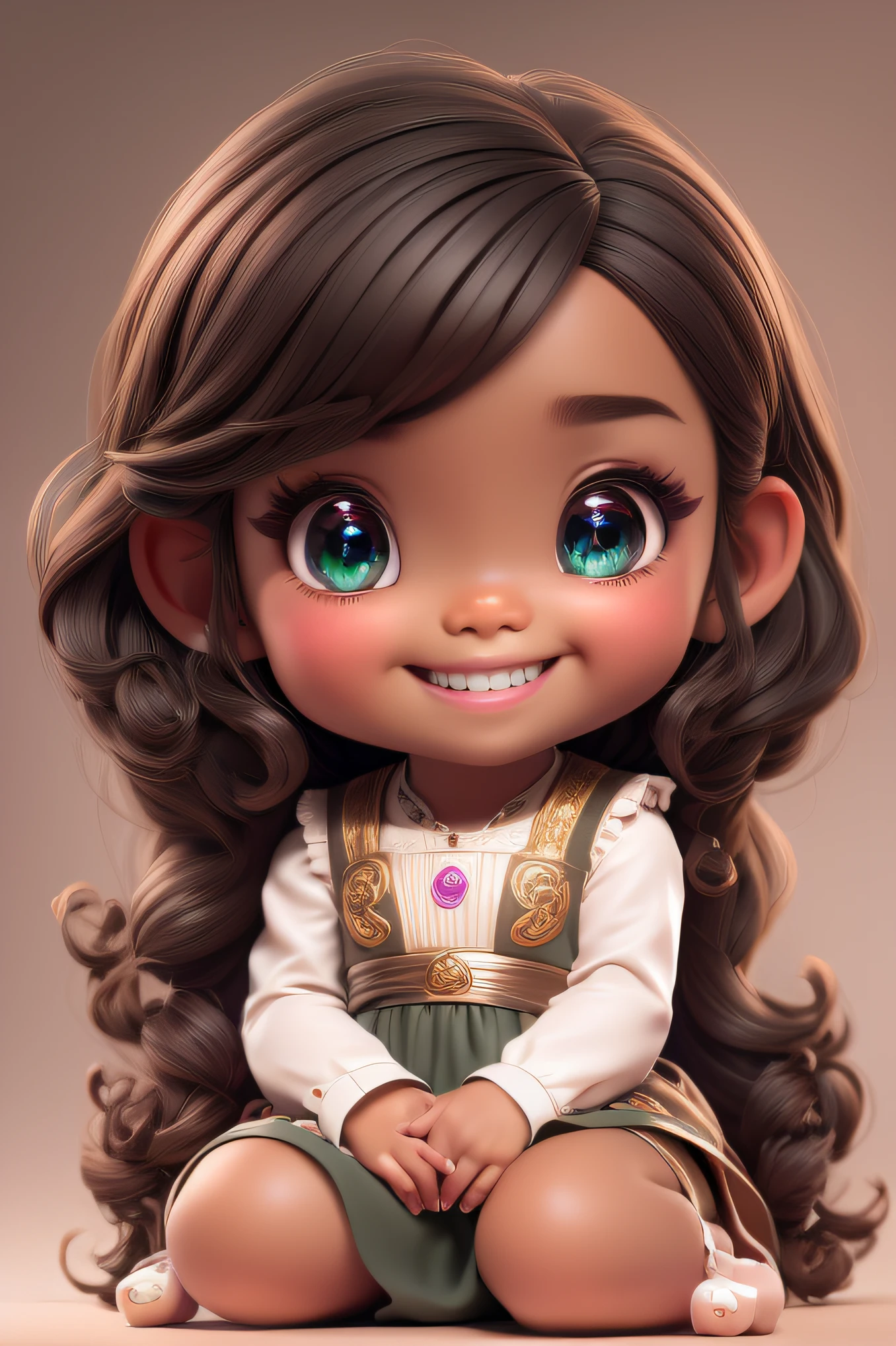 chibi 1 African  dark brown skin:5, cute smile, sitting ((full body))) "various emotions" realistic shadows, sparkling eyes, detailed skin, slightly shiny greenish brown eyes, pose for photo, long curly black hair, flowers in hair, rapunzel style, very detailed, highly detailed 8k face, perfect face shape, perfect full lips, perfect nose, beautiful and correct eyes, observant, wedding dress: 3.45, hair flowers, masterpiece , best quality, single, jeans, alone, advanced chibi