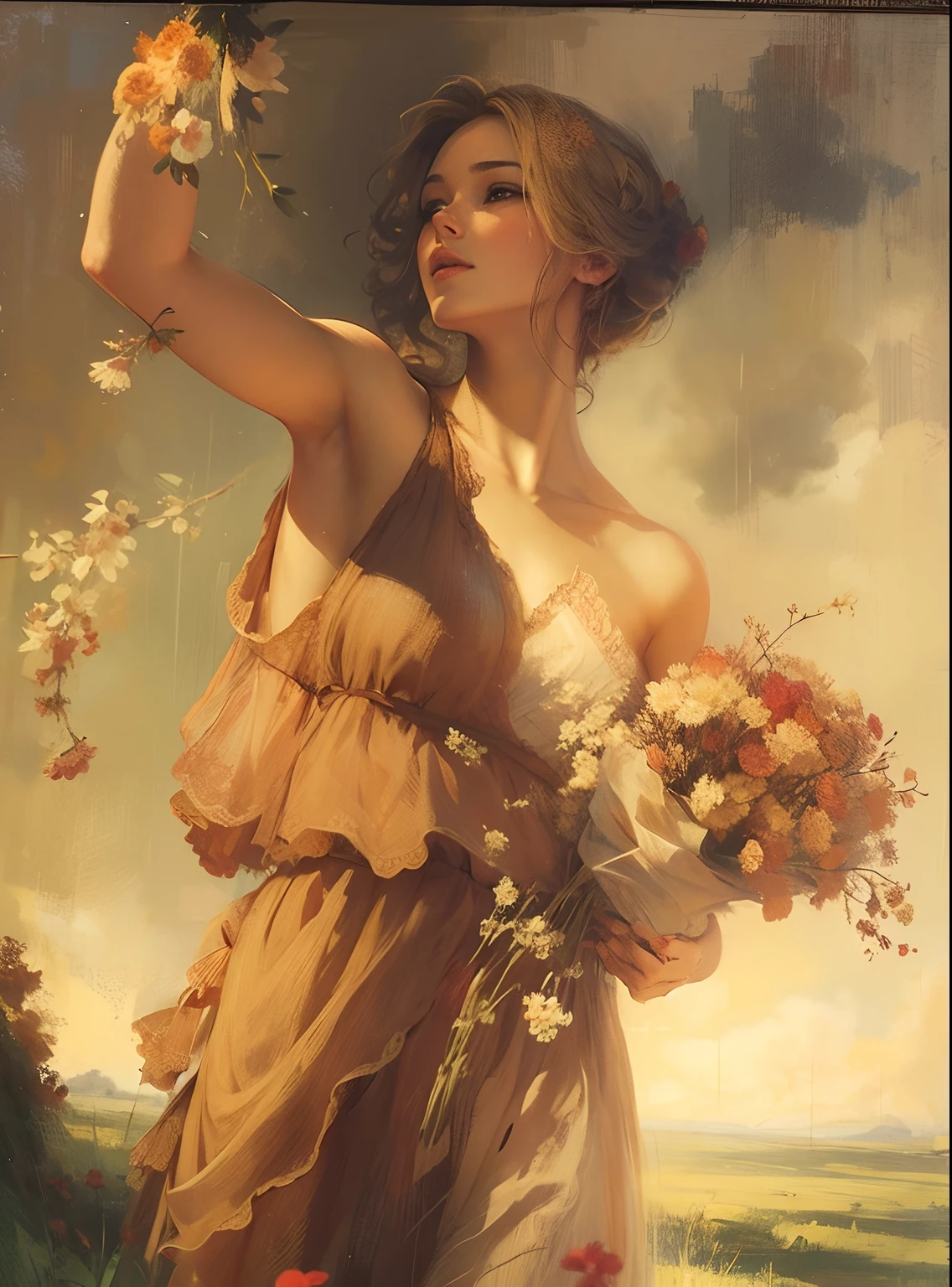 Beautiful blonde woman covered in red cosmos flowers, 8k resolution, artistic style, beautiful detail, Lady with Flowers by Leopold Schmutzler