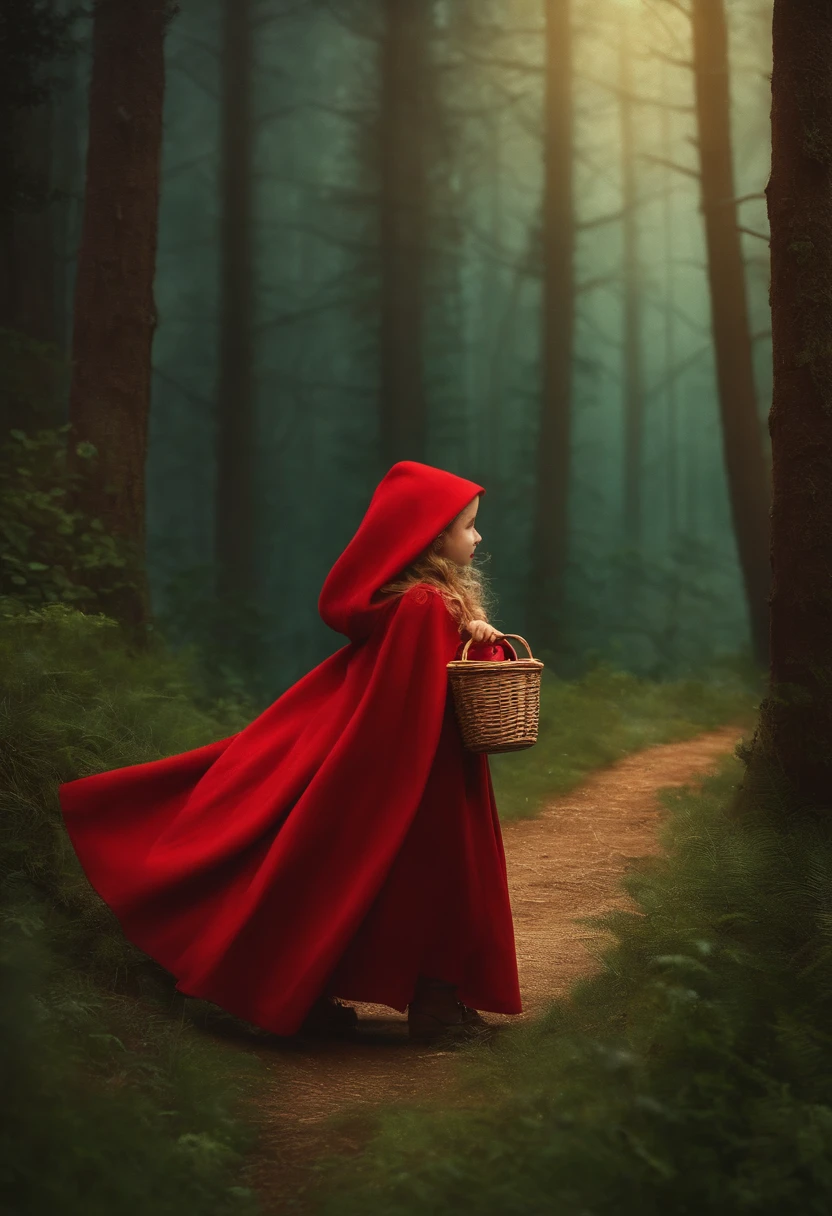 little Red Riding Hood,Cute girl cape,Small freckles on the face,Smile,Carry basket,Walking in the forest path,(A gray wolf was hiding in the bushes, looking greedily at the .)