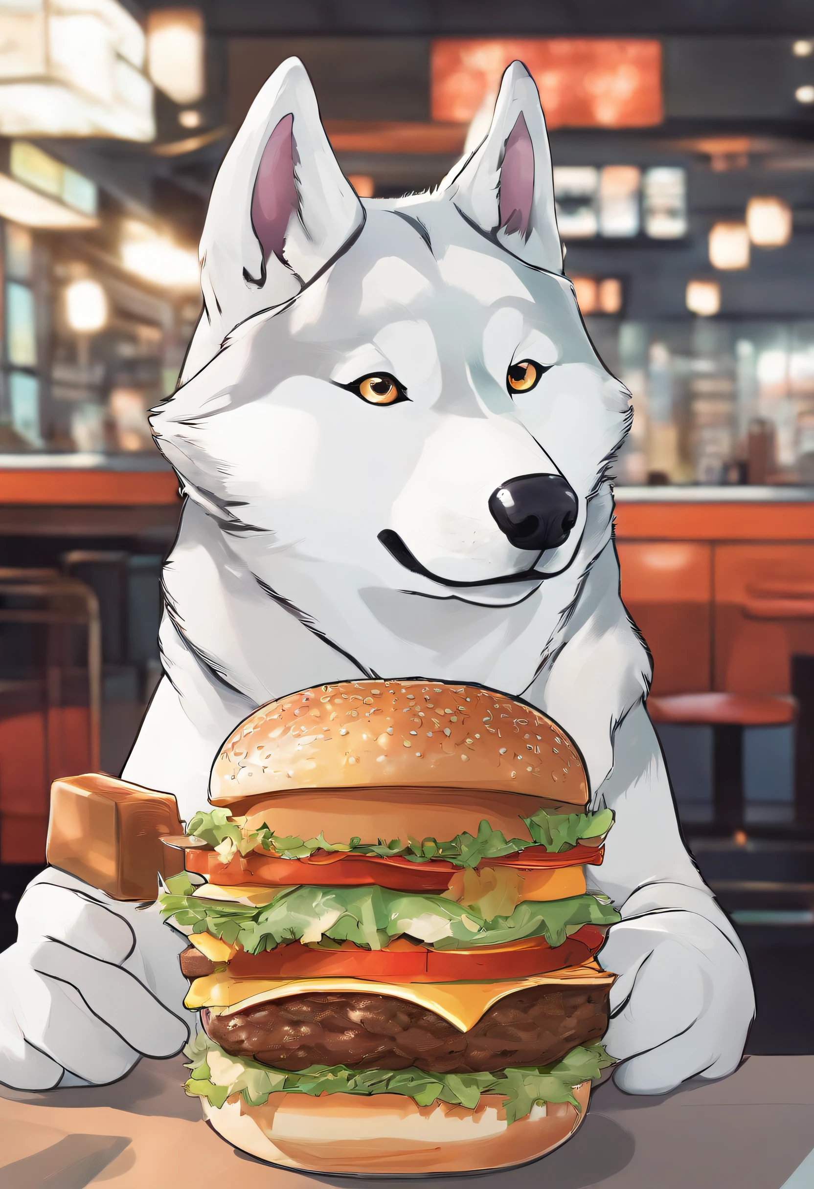 A professional photo, Yellow-white Akita Inu, Grinning, In the restaurant, Holding a large burger in both hands, Cinematic dramatic light, Smooth transition, Bokeh