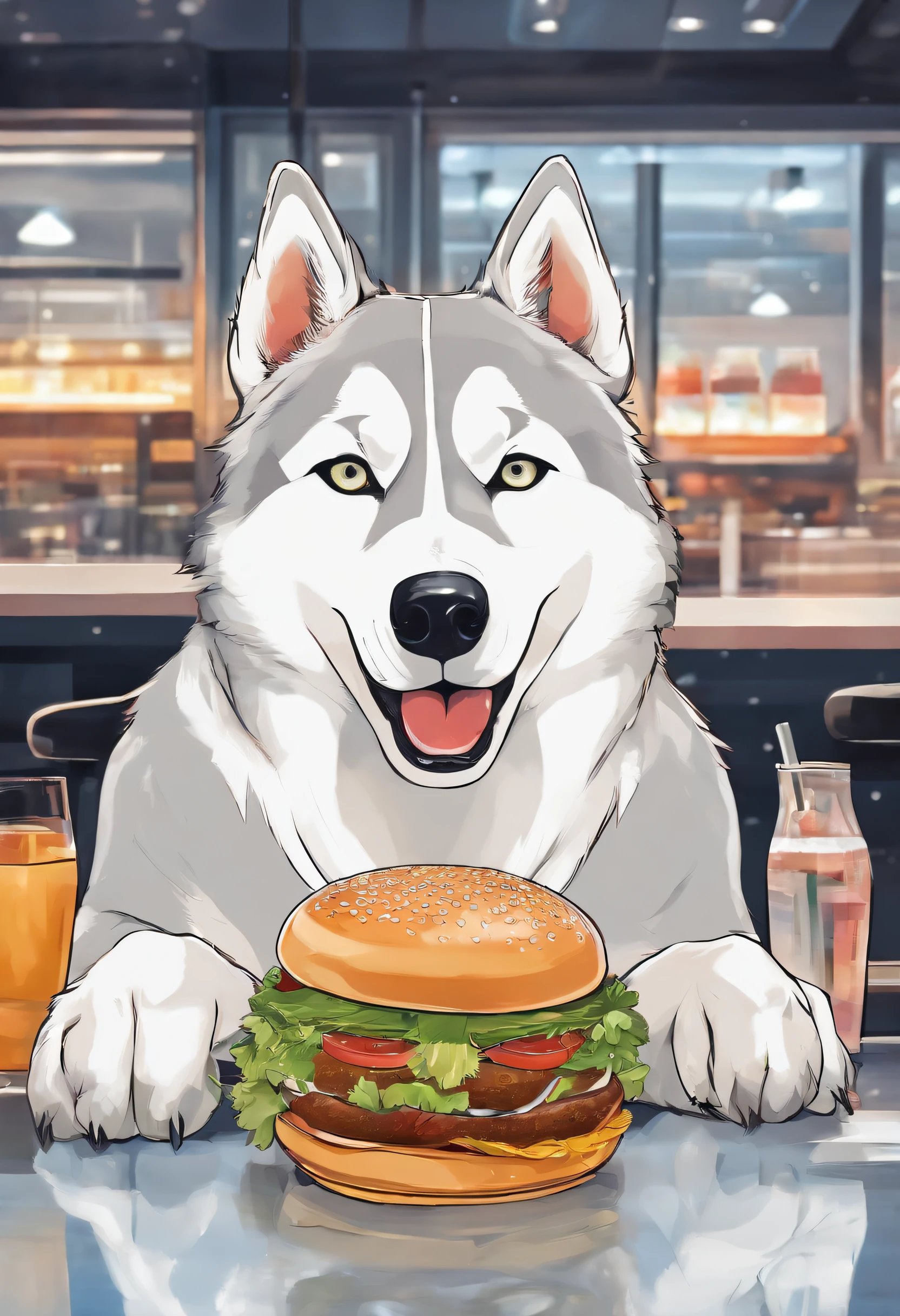 A professional photo, Yellow-white Akita Inu, Grinning, In the restaurant, Holding a large burger in both hands, Cinematic dramatic light, Smooth transition, Bokeh