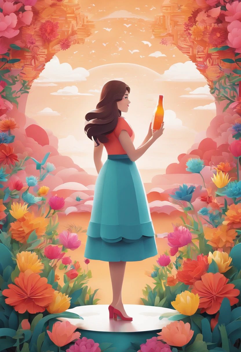 Girl standing with radiant smile, Holding a bottle of magic paint in hand. Surrounded by magical and colorful environments, With colorful flowers, Brilliant wood々and a sky full of rainbows. 4K resolution