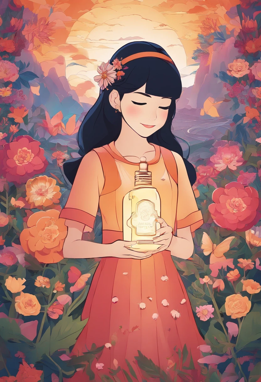 Girl standing with radiant smile, Holding a bottle of magic paint in hand. Surrounded by magical and colorful environments, With colorful flowers, Brilliant wood々and a sky full of rainbows. 4K resolution