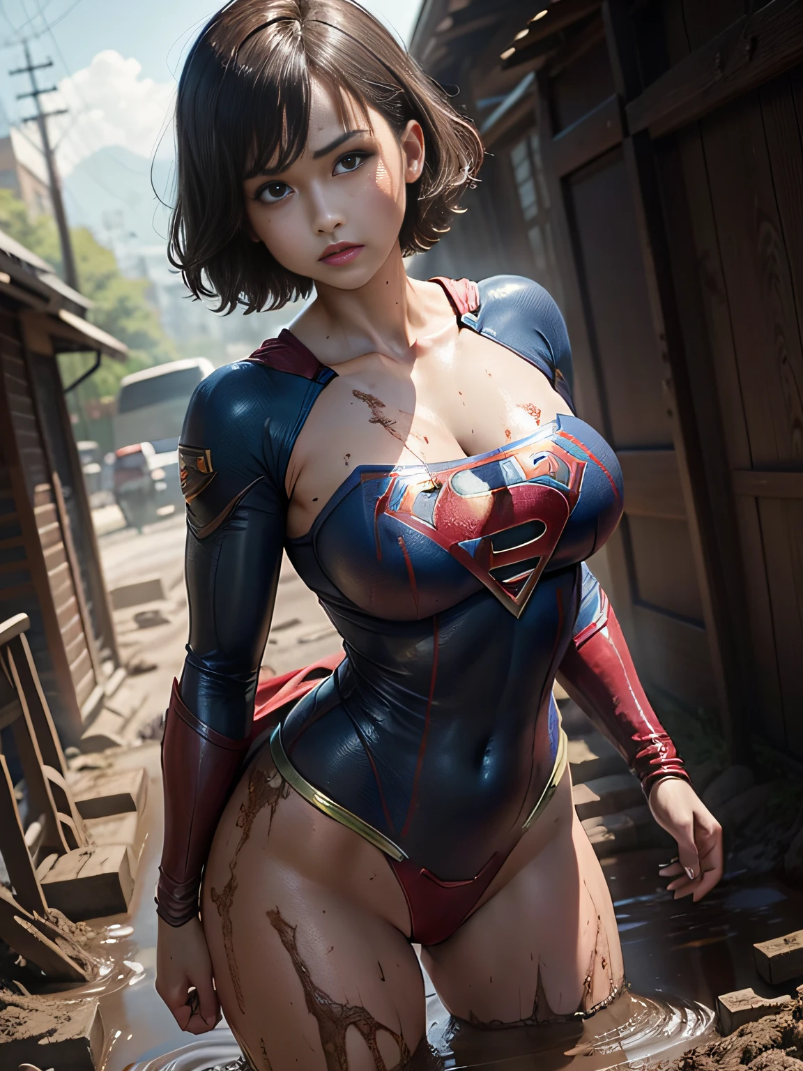 masterpiece、Short-haired Supergirl fell into a quagmire、large full breasts、Looking at the camera、Glossy costume、Crotch、Mud stains、Covered in mud、wounded