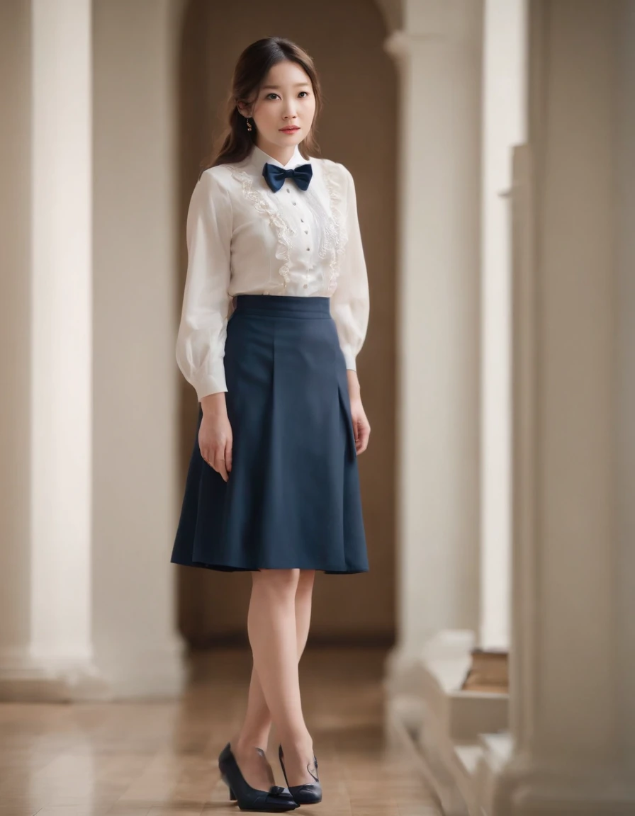 Japanese ido，Woman standing alone in library, white floral blouse, dark blue bow tie, dark blue skirt with ruffles, wearing white silk ruffled socks, wearing pumps, white light background，The upper part of the body,portraits