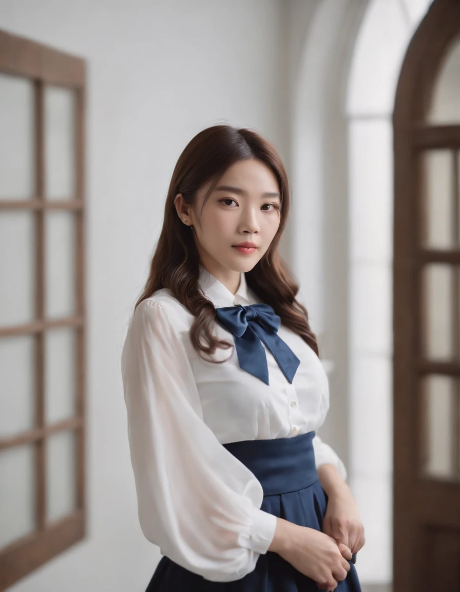 Japanese ido,Woman standing alone in library, white floral blouse, dark blue bow tie, dark blue skirt with ruffles, wearing white silk ruffled socks, wearing pumps, white light background,The upper part of the body,portraits