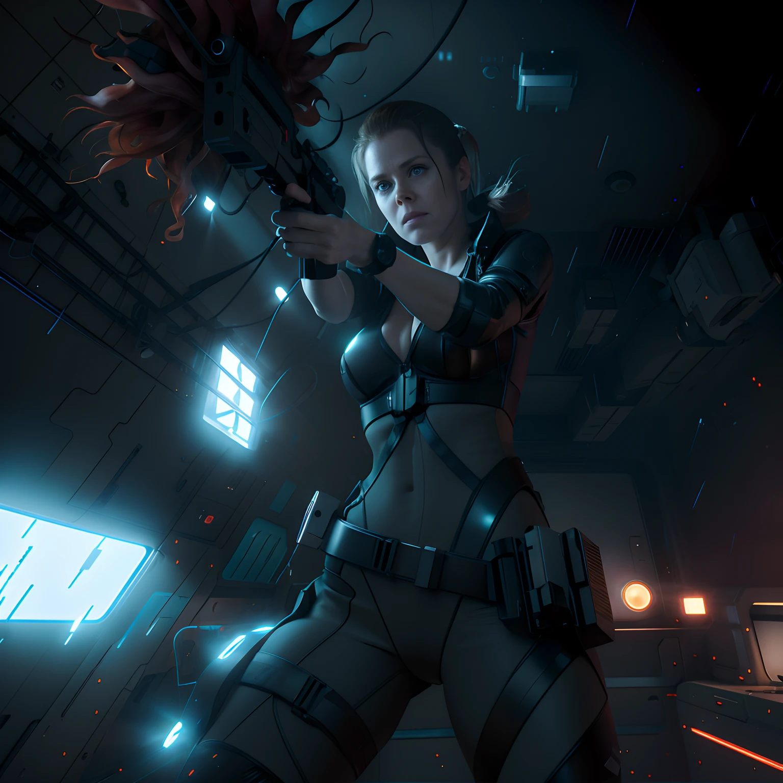 Hot terrified Sci fi Amy Adams with slick hair with pony tail holding a sci fi pistol on Ishimura Horror Space Ship photography, natural light, photorealism, cinematic rendering, ray tracing, the highest quality, the highest detail, Cinematic, Third-Person View, Blur Effect, Long Exposure, 8K, Ultra-HD, Natural Lighting, Moody Lighting, Cinematic Lighting