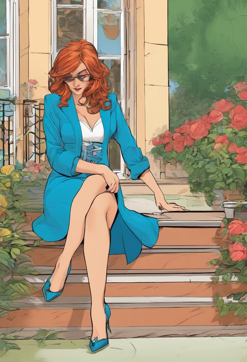 femme rousseaux cheveux long , assise lassivement sur un banc dans un jardin, porte une mini robe bleu sexy, des chaussures a talons tres haut, enorme implant mammaire