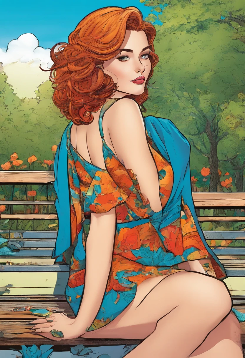 femme rousseaux cheveux long , assise lassivement sur un banc dans un jardin, porte une mini robe bleu sexy, des chaussures a talons tres haut, enorme implant mammaire