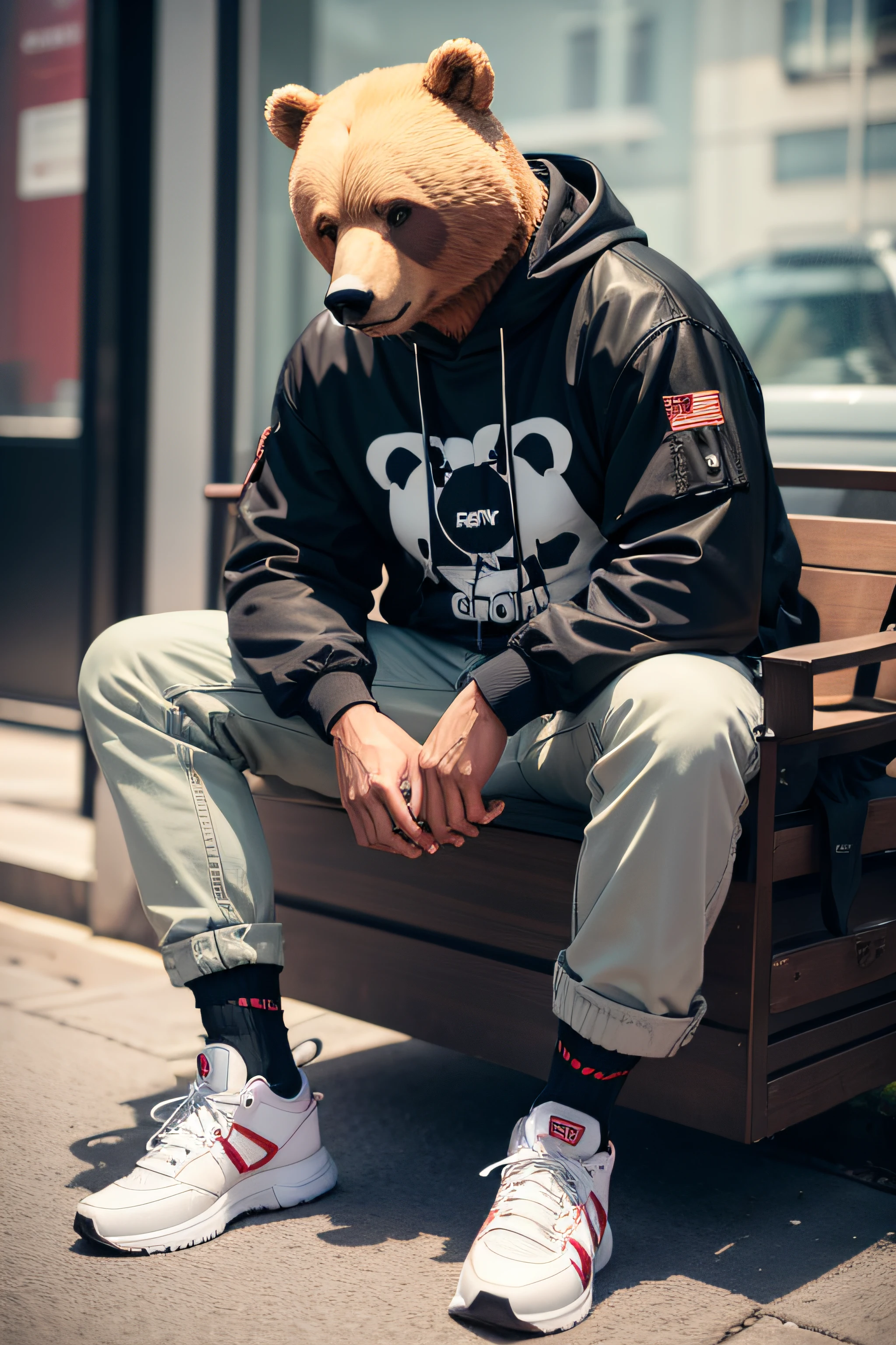 swag model man full ootd, with bear head, sit pose