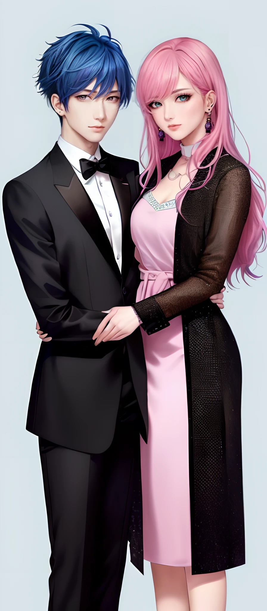 ((Male and female couples)), window, Idol Photos, Magazine covers, Photos of actors, Professional Photos, Height difference, tall male, Happiness, youthfulness, extra detailed face, detailed punk hair, very detailed character, inspired by Sim Sa-jeong, Cai Xukun's, detailed realistic faces, highly detailed realistic face, high detailed face anime, realistic detailed face, Accurate detailed face, attractive androgynous humanoid, Cool Korean fashion in black, ((With a man with light blue hair)), ((Woman with pink hair)), ((Woman with long hair below waist)), ((Man with short hair over ears)), ((Pink hair woman with gentle expression)), ((Man with light blue hair with wild expression)), high-level image quality, ​masterpiece, Photographed so that the whole body can be seen, Photographed to make clothes look beautiful, Take your eyes off, ((two individuals)), ((British couple))