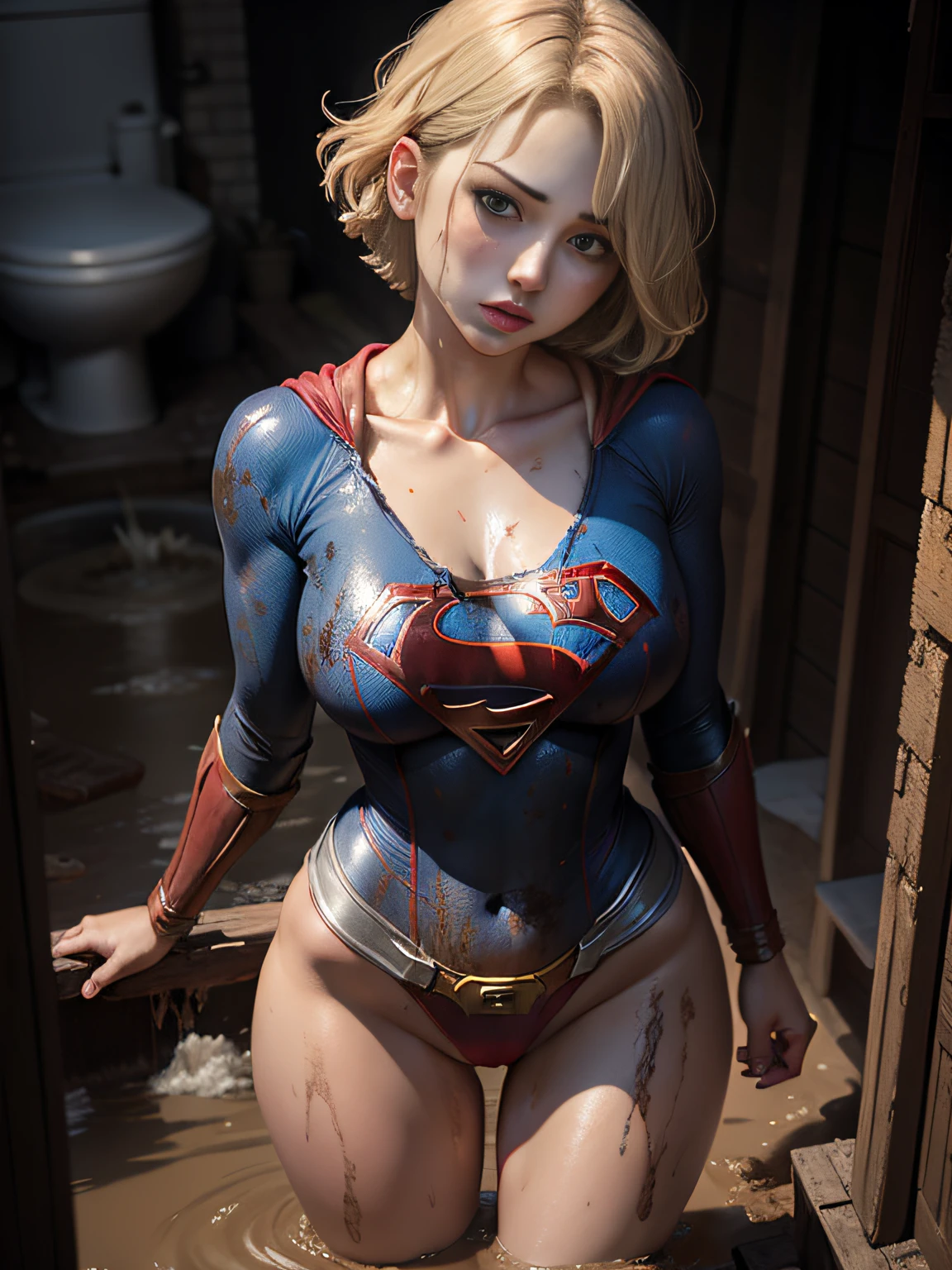 ​masterpiece、Short-haired Supergirl fell into the sewage、large full breasts、Looking at the camera、Glossy costume、Crotch、Mud stains、Covered in mud、wounded