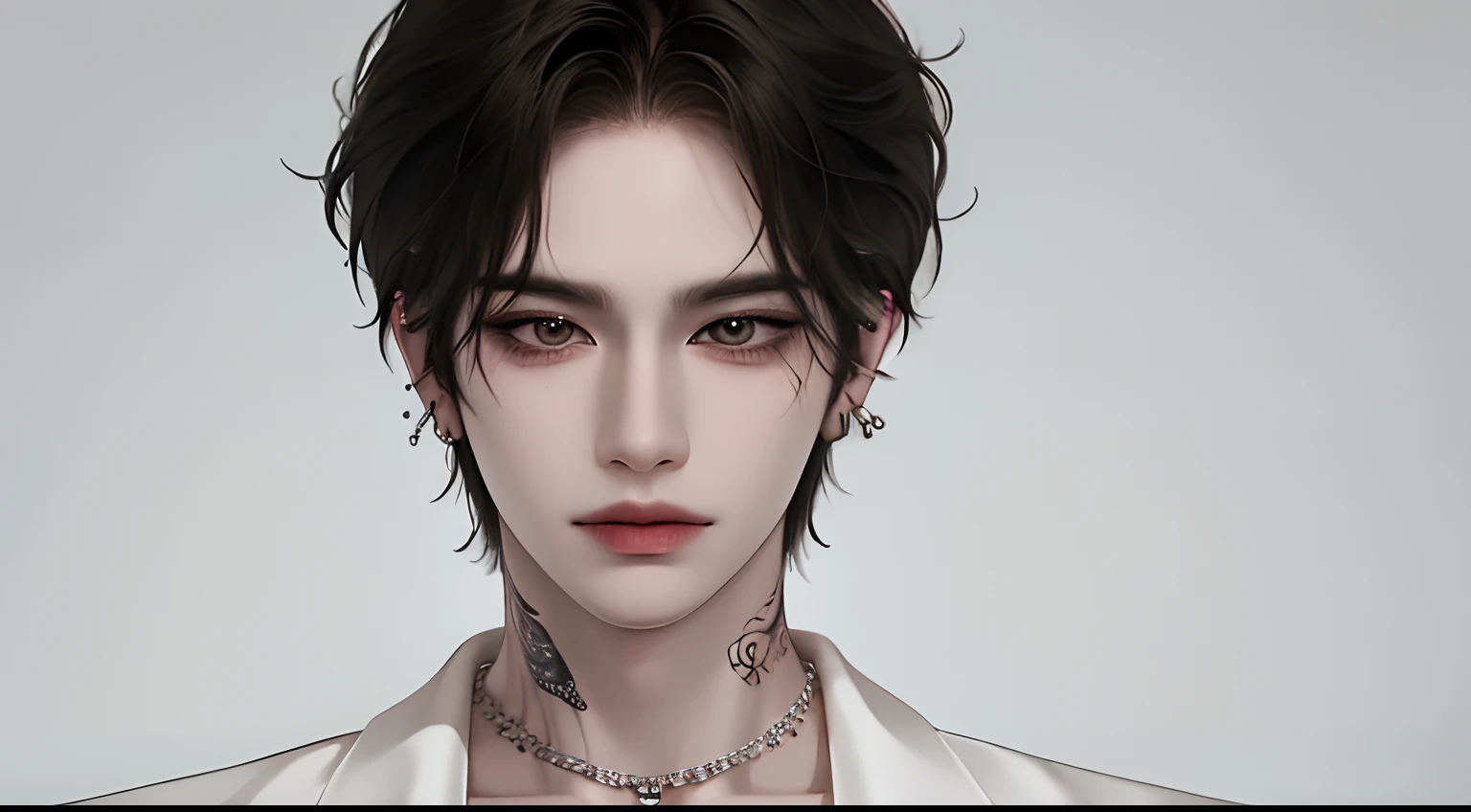 man, handsome, ulzzang, ultra-detailed,hyper details,cinematic light, solo,stand,white studio,black-and-white-filter,front,looking at viewer from front,manhwa-style,unbutton-shirt,tattoo in chest,black-hair,messy-bangs,emo-haircut,model,pose,piercing,ear-rings,necklace, grin, medium-closeup,sensuality-eyes,oversize-clothes.