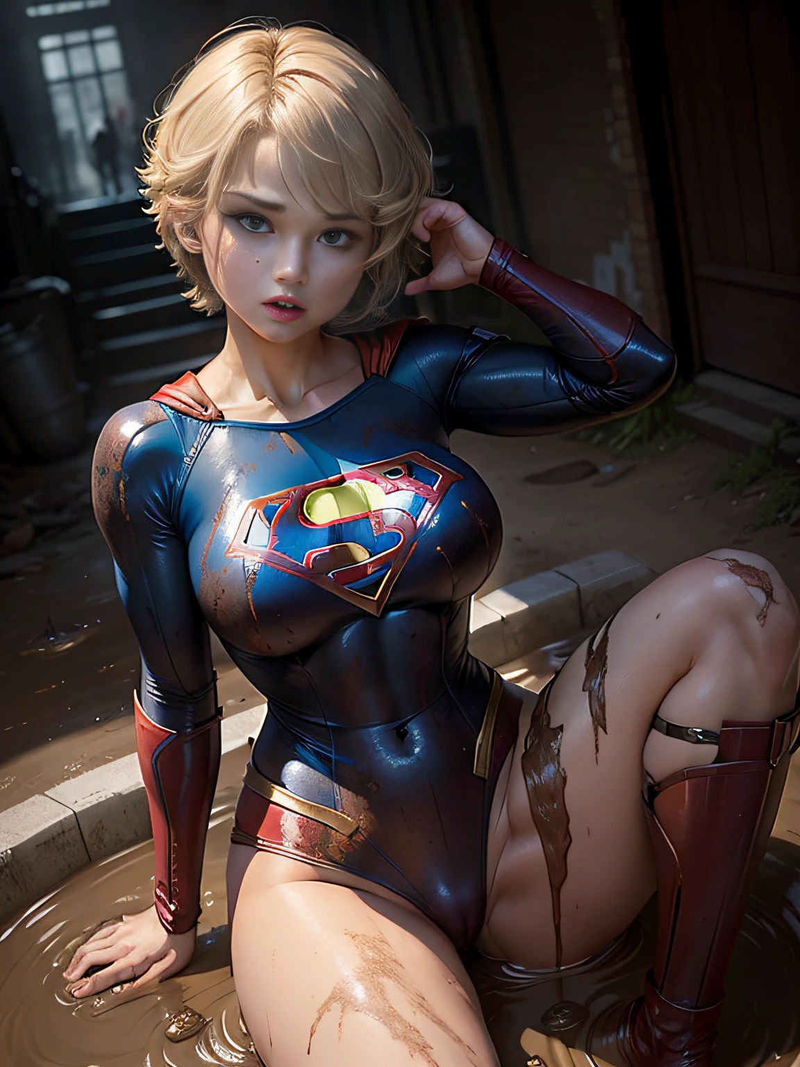 masterpiece、Short-haired Supergirl fell into the sewage、large full breasts、Looking at the camera、Glossy costume、Crotch、Mud stains、Covered in mud、wounded
