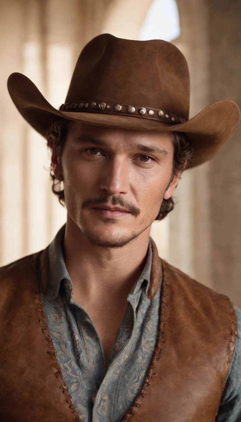 Make a photorealistic portrait of Pedro        pascal wearing a western style cowboy interior , white background, medium close up shot, style of ultrafine detail, high quality photo, 105 mm f/1.2, 24mm,4k textures, soft cinematic light, highly detailed, sharp focus, hyperdetailed, low contrast, dim colors, exposure blend,(dusty:1.3),volumetric lighting, full body character art, brown eyes