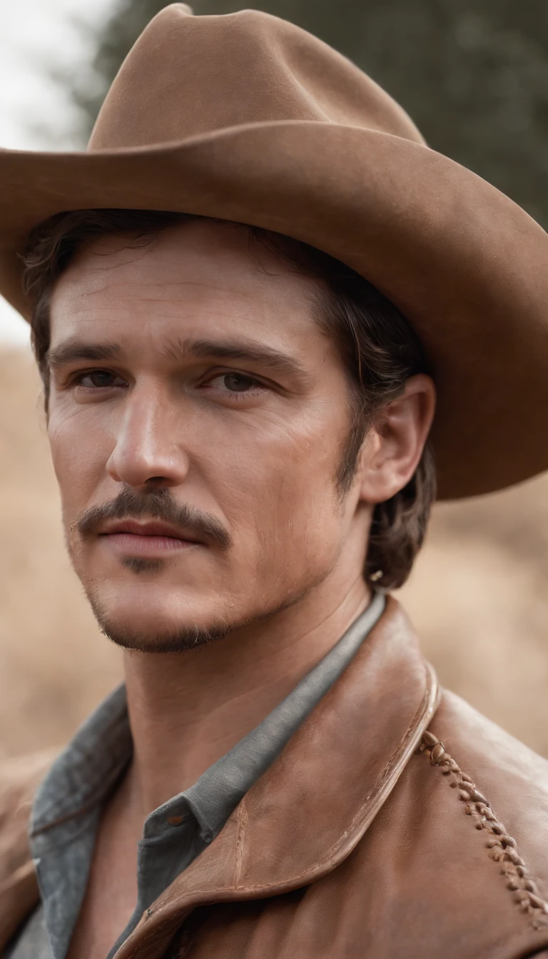 Make a photorealistic portrait of Pedro pascal wearing a western style cowboy interior , white background, medium close up shot, style of ultrafine detail, high quality photo, 105 mm f/1.2, 24mm,4k textures, soft cinematic light, highly detailed, sharp focus, hyperdetailed, low contrast, dim colors, exposure blend,(dusty:1.3),volumetric lighting, full body character art, brown eyes
