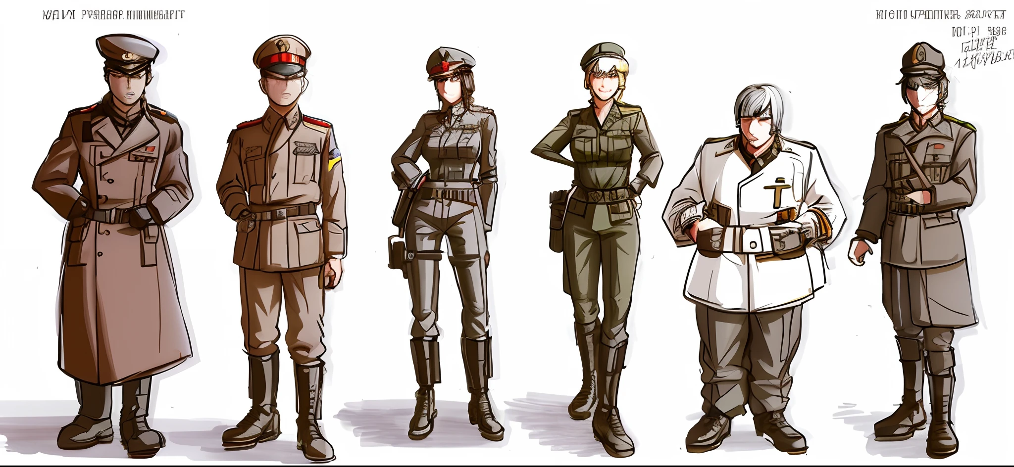 sketches of a group of soldiers in uniforms and hats, soviet style cyberpunk, soviet cyberpunk, konami concept art, stylised military clothes, dieselpunk cyborgs, soviet military, dieselpunk art style, imperial military, armored dieselpunk wardrobe, sci fi characters, expert high detail concept art, full character concept art, several character designs, in style of dieselpunk