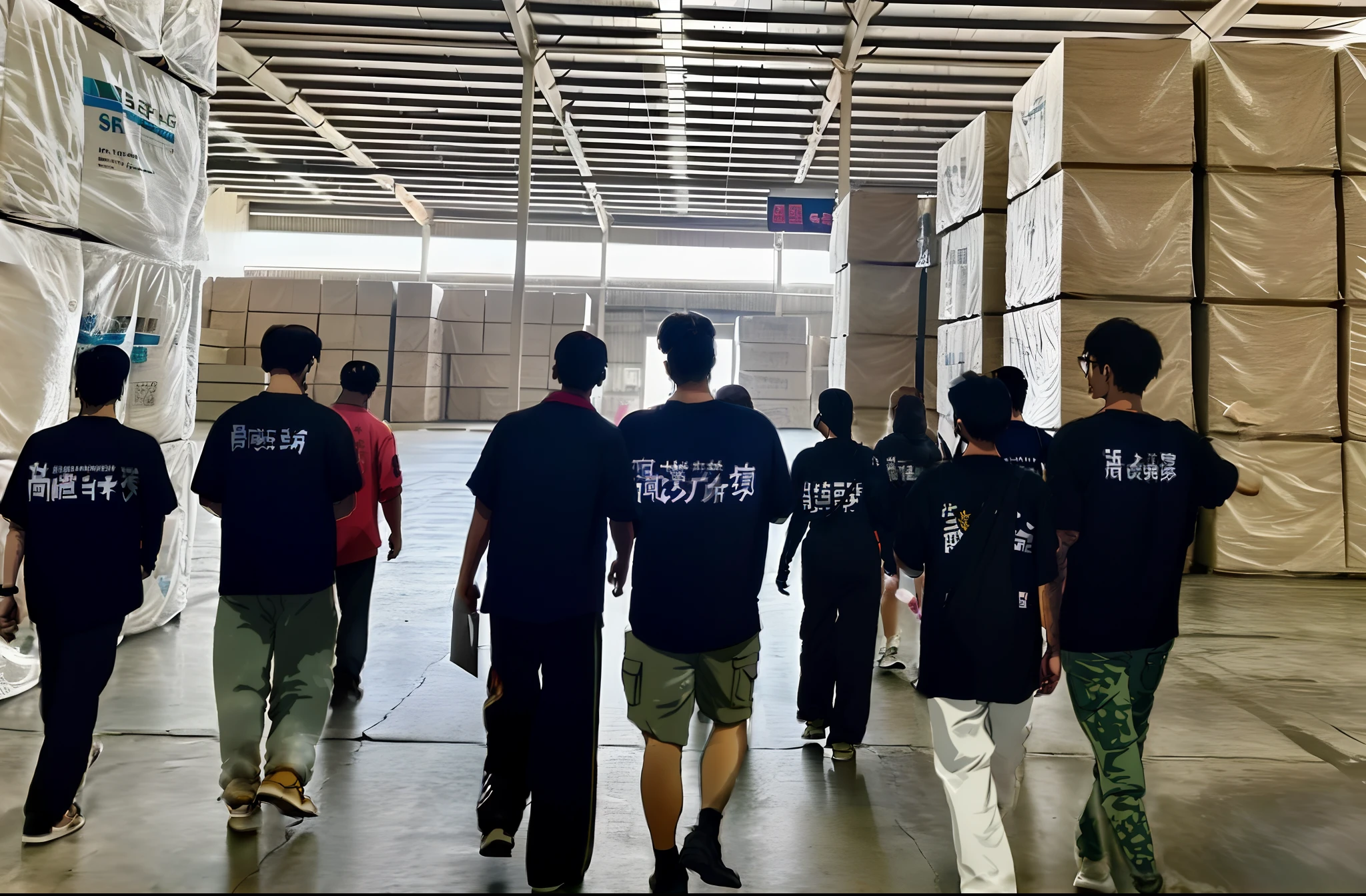 People walking in warehouses，The background is smoke, Factory background, instagram story, huge success, Majestic，Team，There is high, short, Solidarity，Great