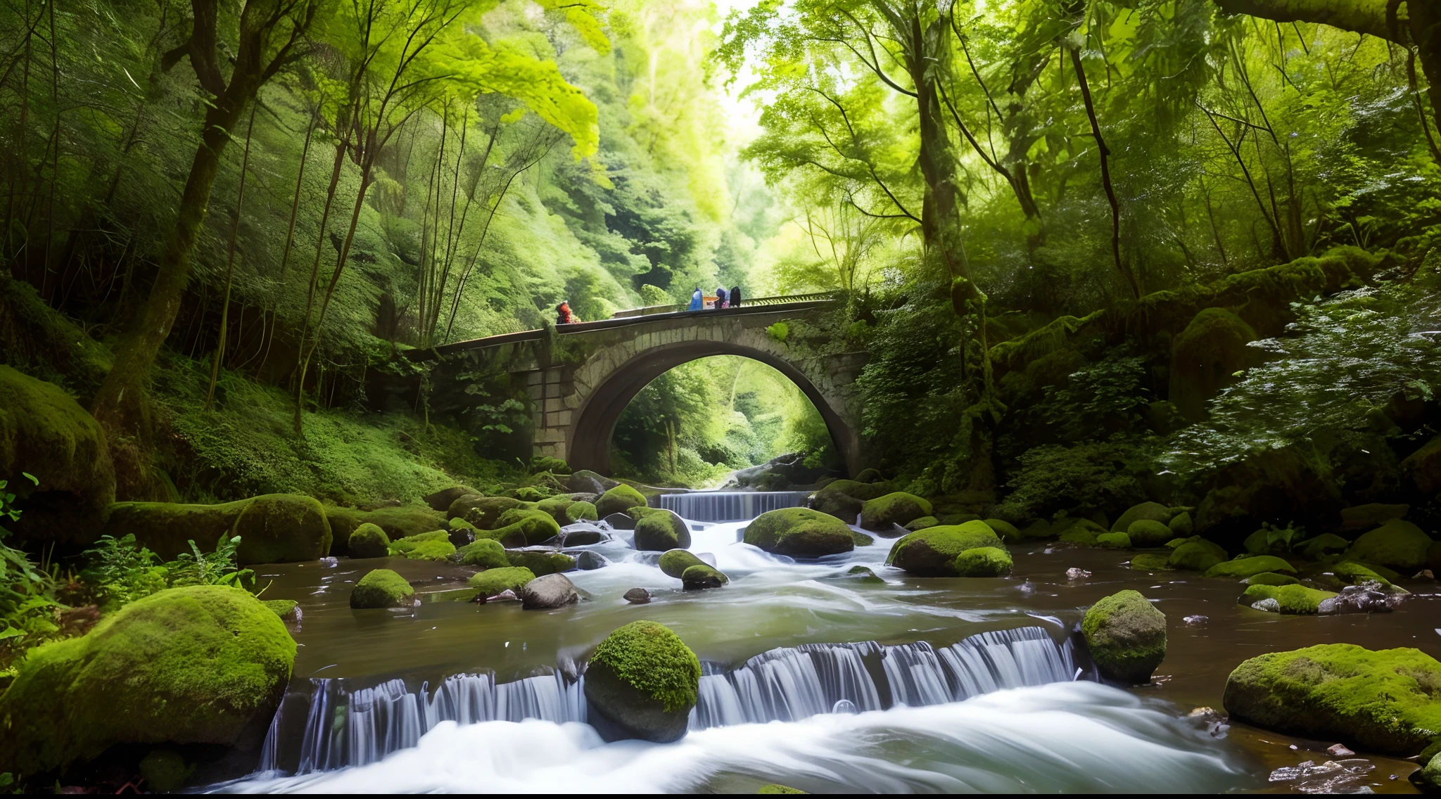 there is a stream running under a bridge in the woods, Rio em uma floresta, Ponte Fairyland, japan lush forest, Misterioso ， riacho, ponte de pedra sobre o ribeiro, lush mossy canyon, ponte de pedra, japan nature, Riacho da vida real, countryside in japan, water stream, Rio na Madeira, Floresta e rio, Shutterstock, Directed by: Etienne Delessert
