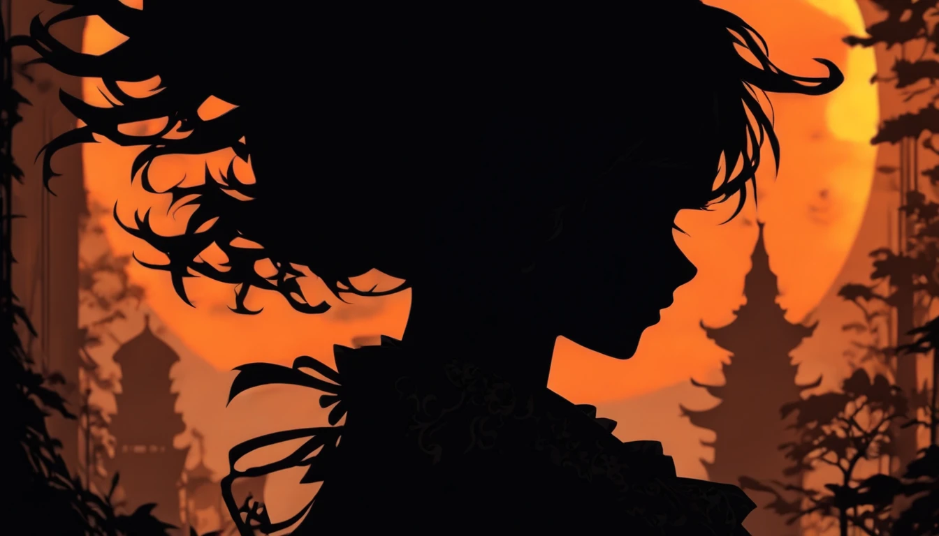 (Silhouette Art,cutouts:1.6)
(((Paper cutting art,A world where only black exists:1.3)

(Cowboy Shot),1 girl,Solo,
(Girl dressed as a witch,profile:1.2),white, Clear and beautiful face,Sunrise behind

break
(Traditional Japan inns)
Textured glass background,Arcana World