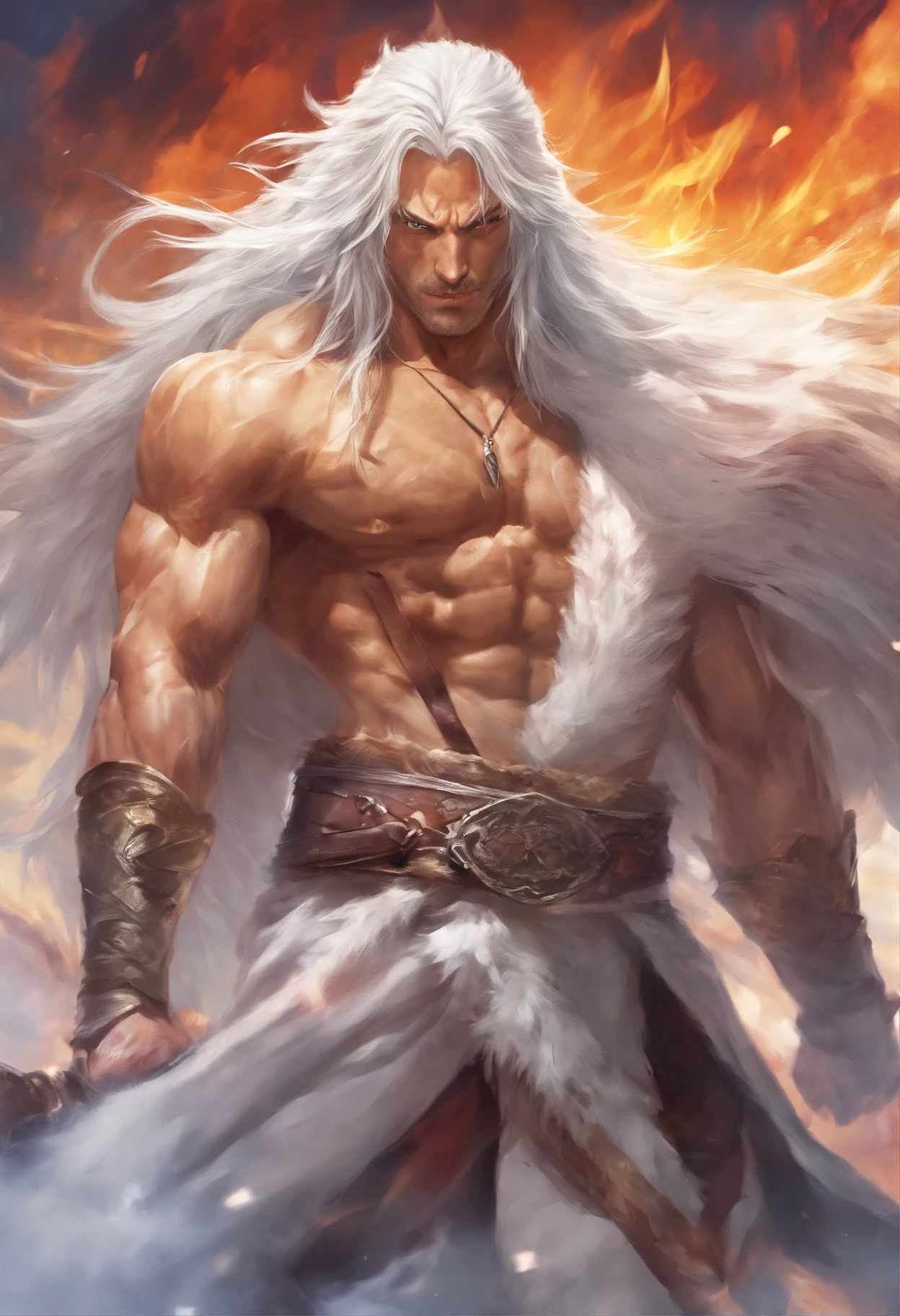 Man, muscular, long white hair, angry, his hand is a sword, high quality, masterpiece, war fur outfit, Persian warrior, nervous, surrounded by fire, snowing, sun, beautiful light refraction, powerful man, on top of the mountain, Very muscular body