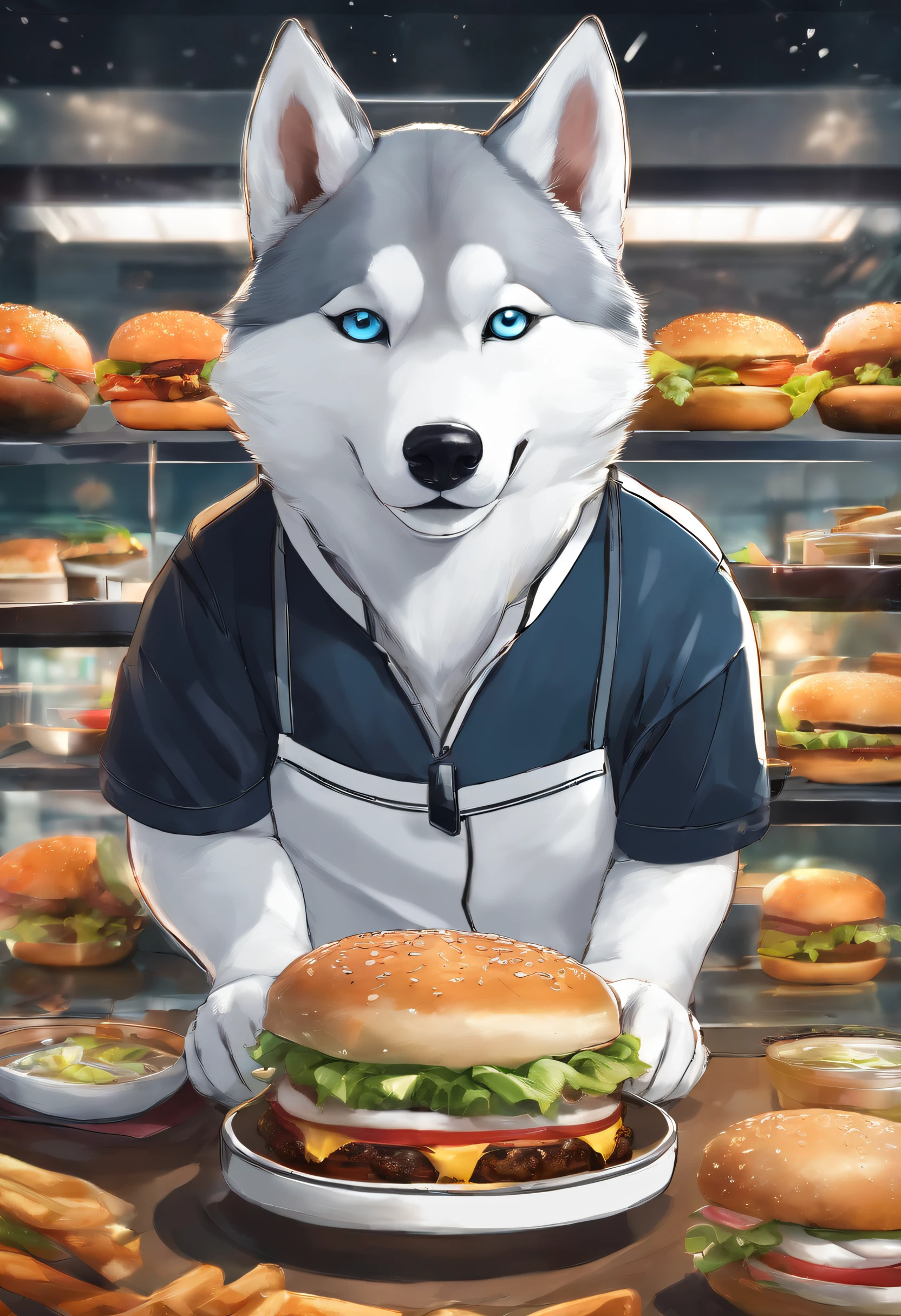 A professional photo, Yellow-white Akita Inu, Grinning, In the restaurant, Holding a large burger in both hands, Cinematic dramatic light, Smooth transition, Bokeh