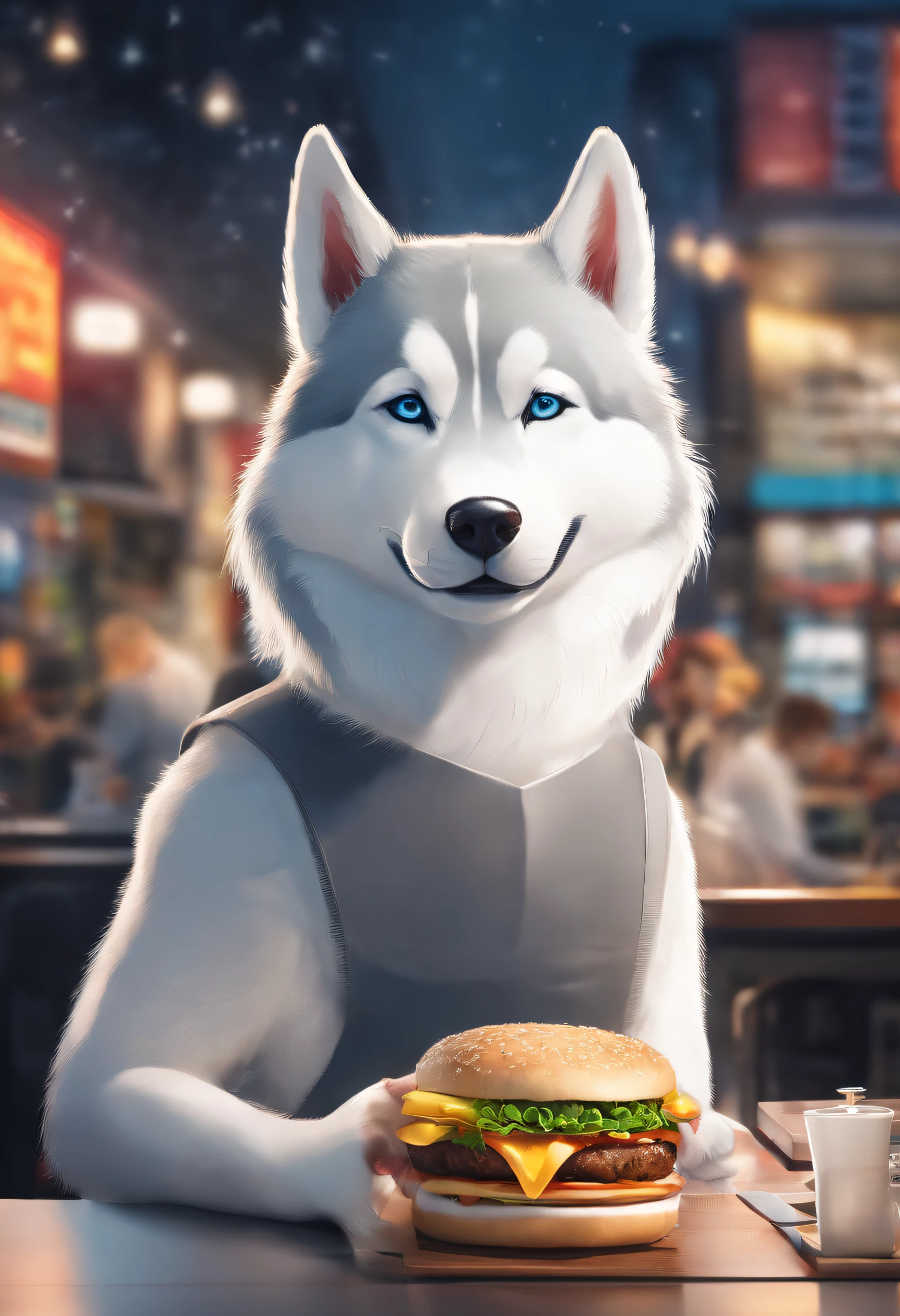 A professional photo, Yellow-white Akita Inu, Grinning, In the restaurant, Holding a large burger in both hands, Cinematic dramatic light, Smooth transition, Bokeh